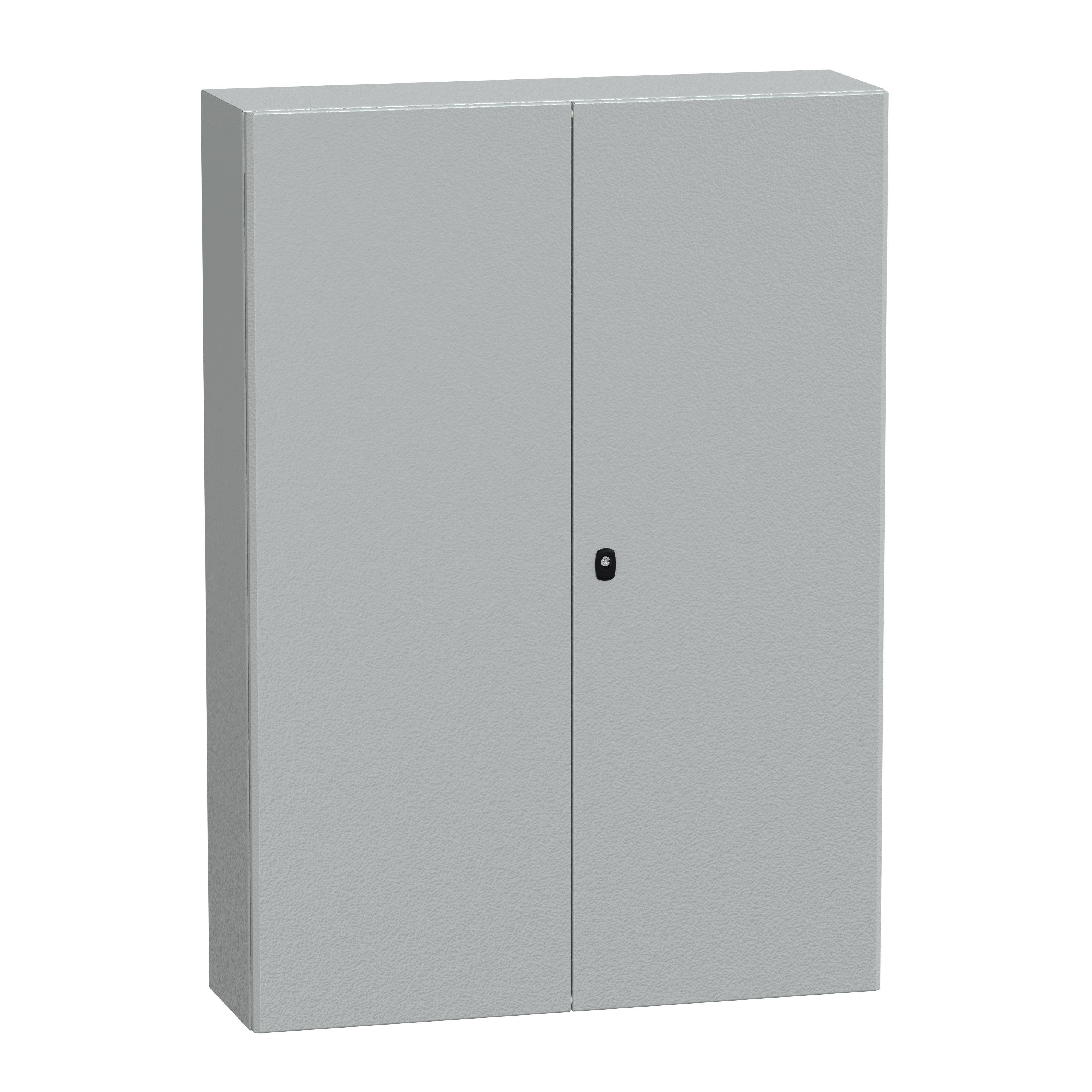 Un armoire métallique grise fermée avec deux portes et une petite serrure ronde au centre, sur un fond blanc.