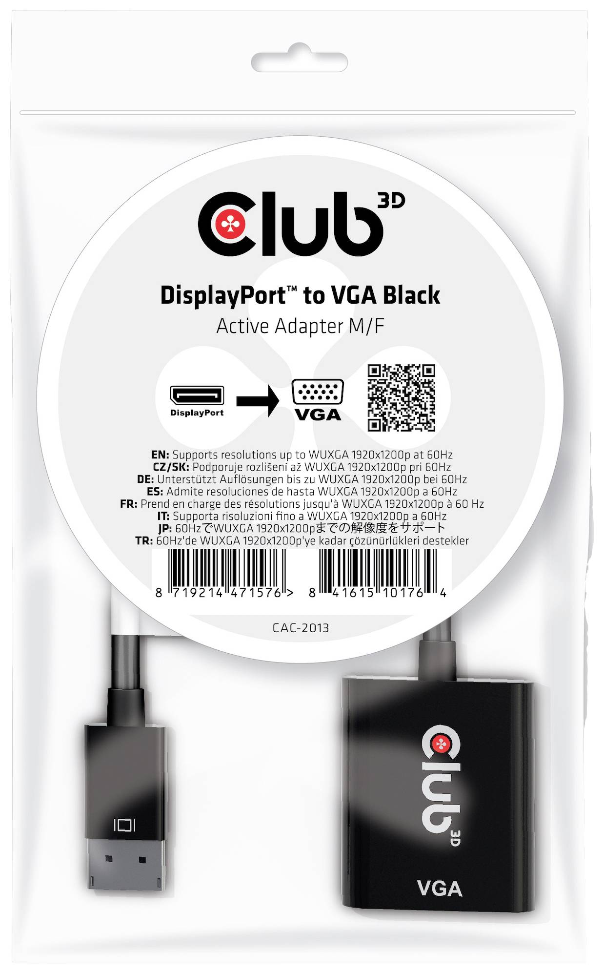 Adaptateur DisplayPort vers VGA Noir Actif M/F en emballage plastique. Prend en charge des résolutions allant jusqu'à WUXGA 1920x1200 à 60 Hz.