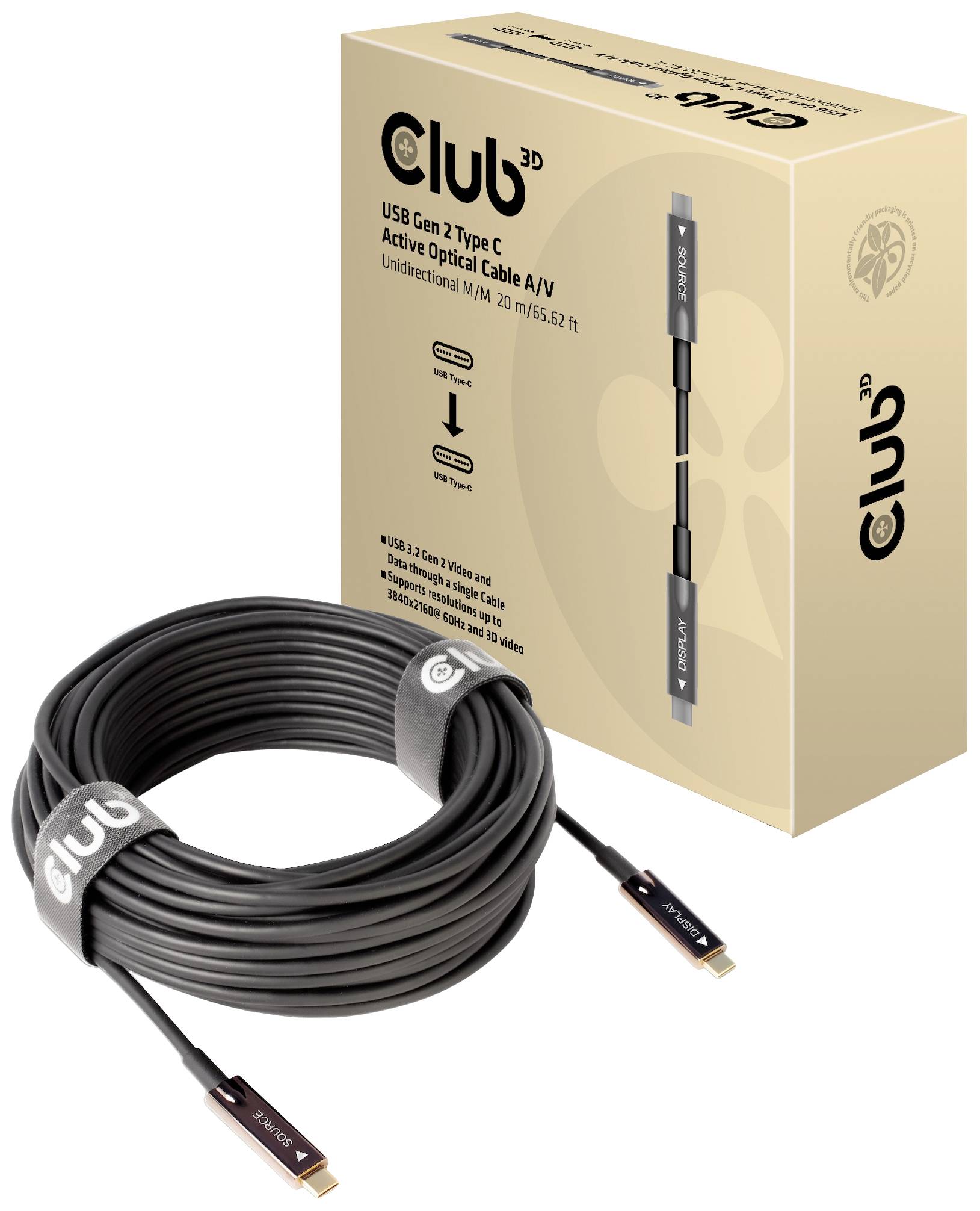 Câble A/V optique actif USB Type C Club 3D Gen 2, longueur de 20 mètres. L'illustration montre le câble avec son emballage.