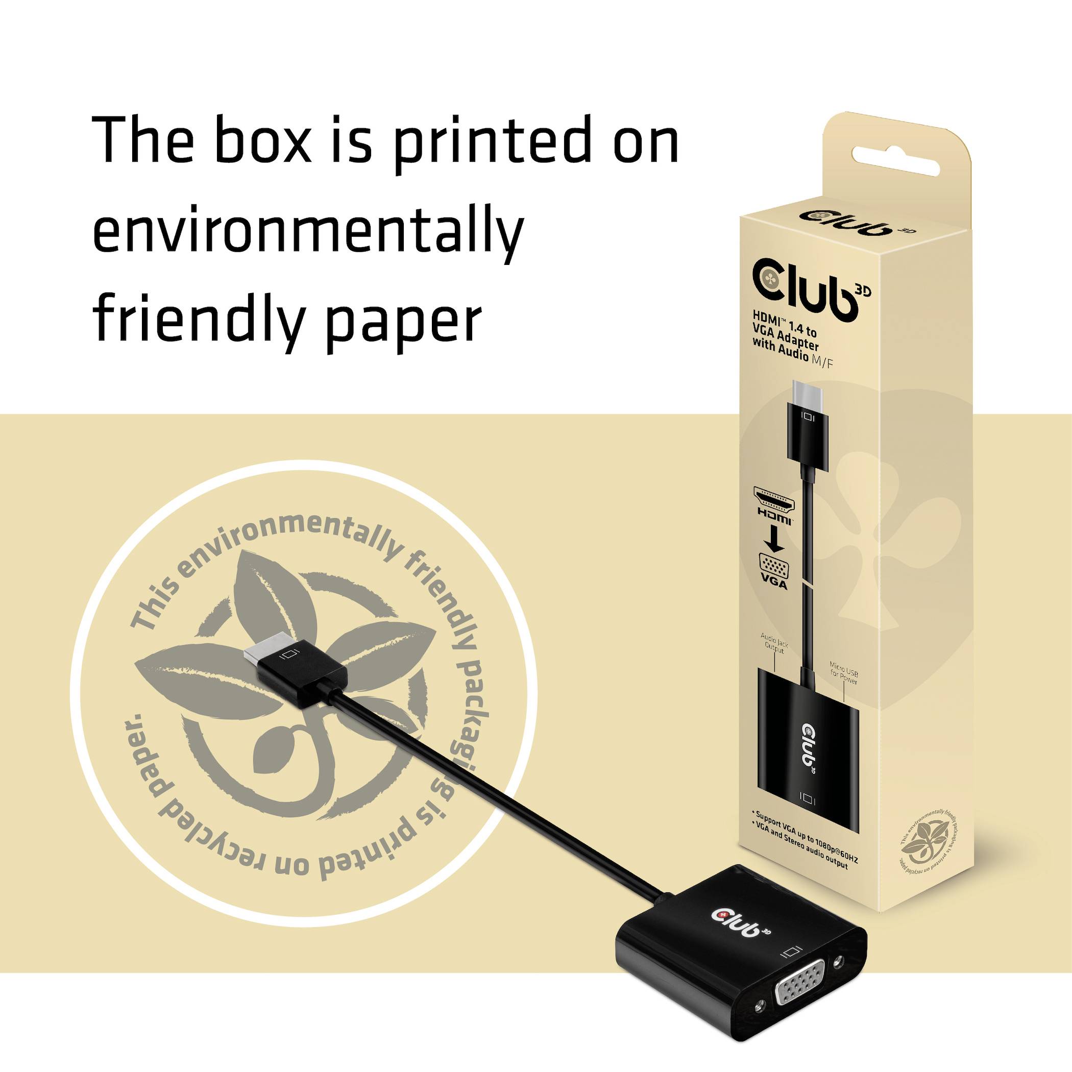 L'emballage en papier écologique présente un adaptateur HDMI vers VGA. Texte : 'Le boîtier est fabriqué en papier écologique'.