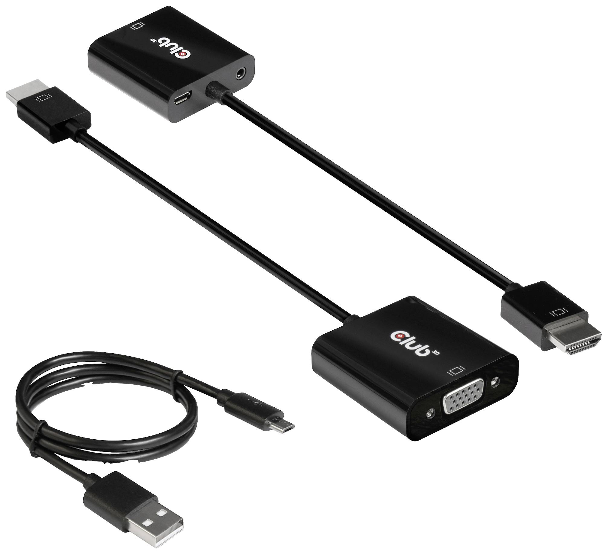 Adaptateur HDMI et VGA avec câble USB, présenté en noir. Adapté pour connecter des appareils avec différents types de ports.