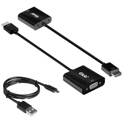 Adaptateur HDMI et VGA avec câble USB, présenté en noir. Adapté pour connecter des appareils avec différents types de ports.