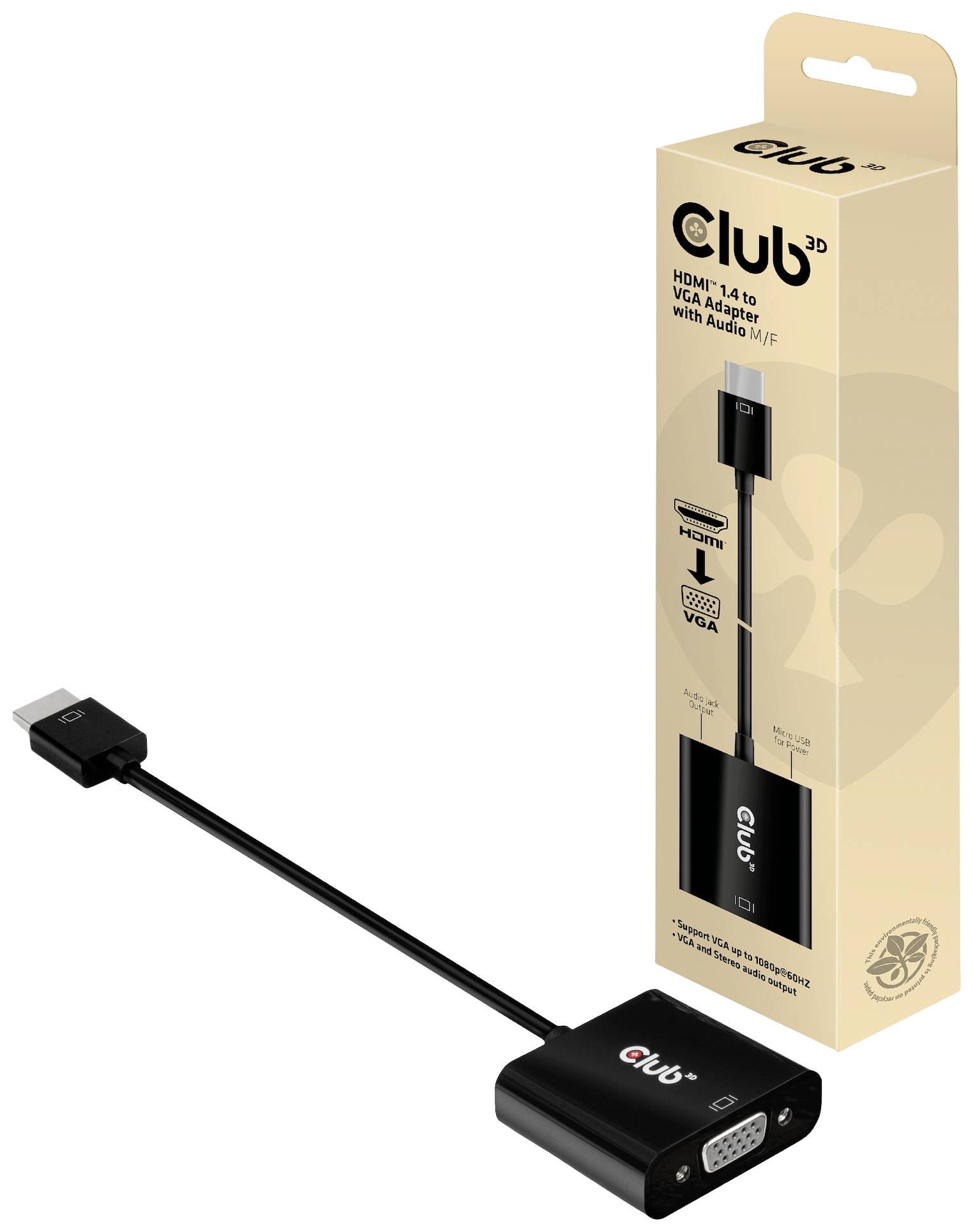 Adaptateur HDMI vers VGA, Club 3D, noir. Emballage et produit illustrés. L'adaptateur permet de connecter des sources HDMI à des écrans VGA.