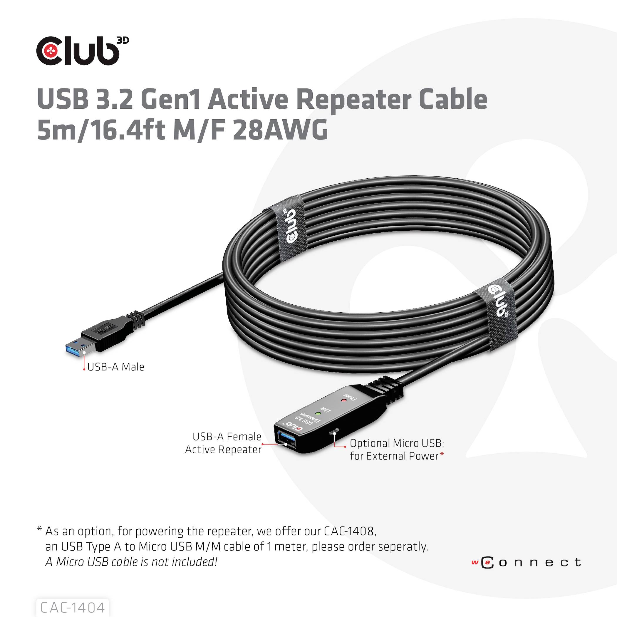 Câble répéteur actif USB 3.2 Gen1, 5m, présenté avec une fiche et un connecteur USB-A, note relative à l'alimentation optionnelle par Micro-USB.