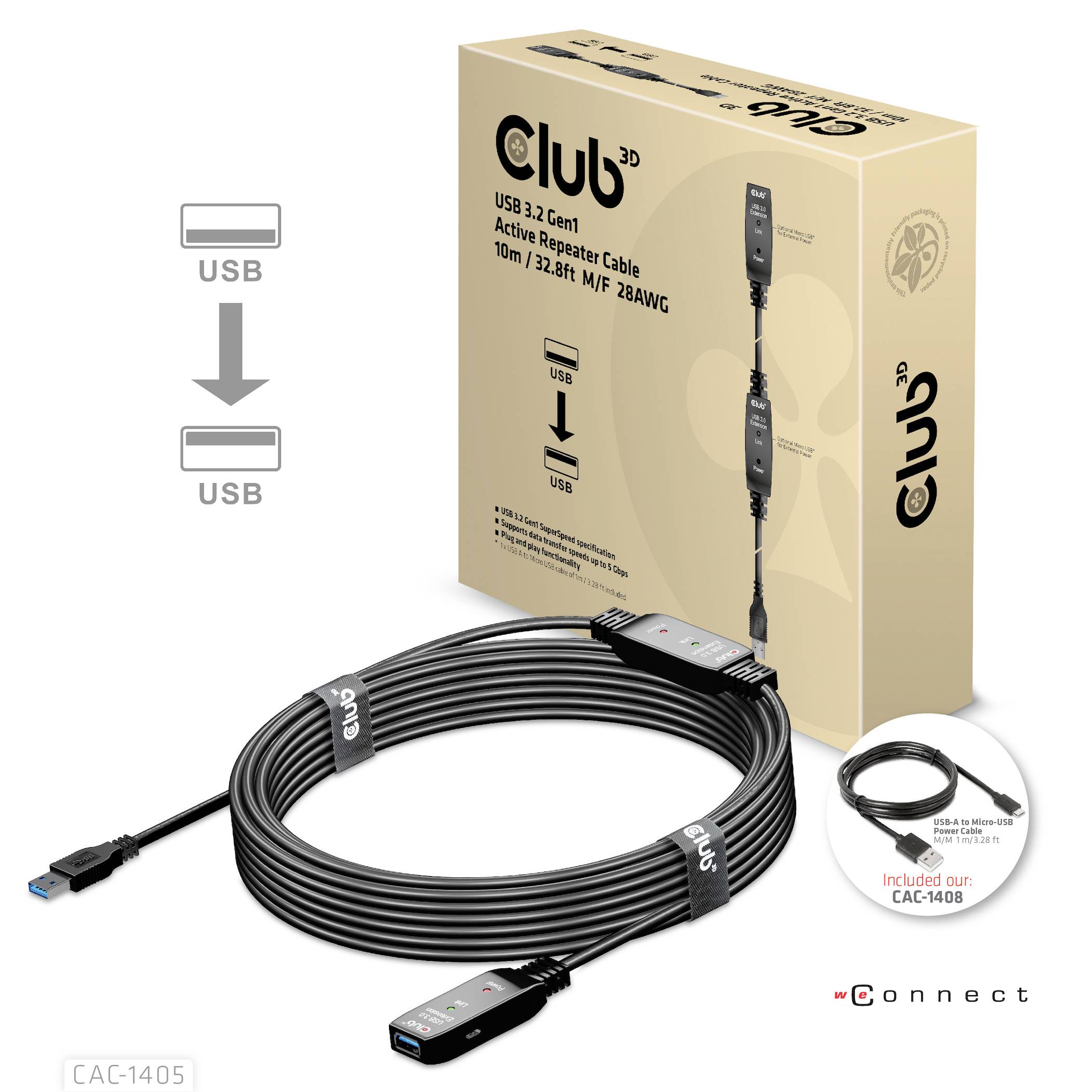 Câble répéteur actif USB 3.2 Gen1 de 10 mètres. Comprend une fiche et un connecteur USB A. L'emballage présente le câble et les informations du produit.