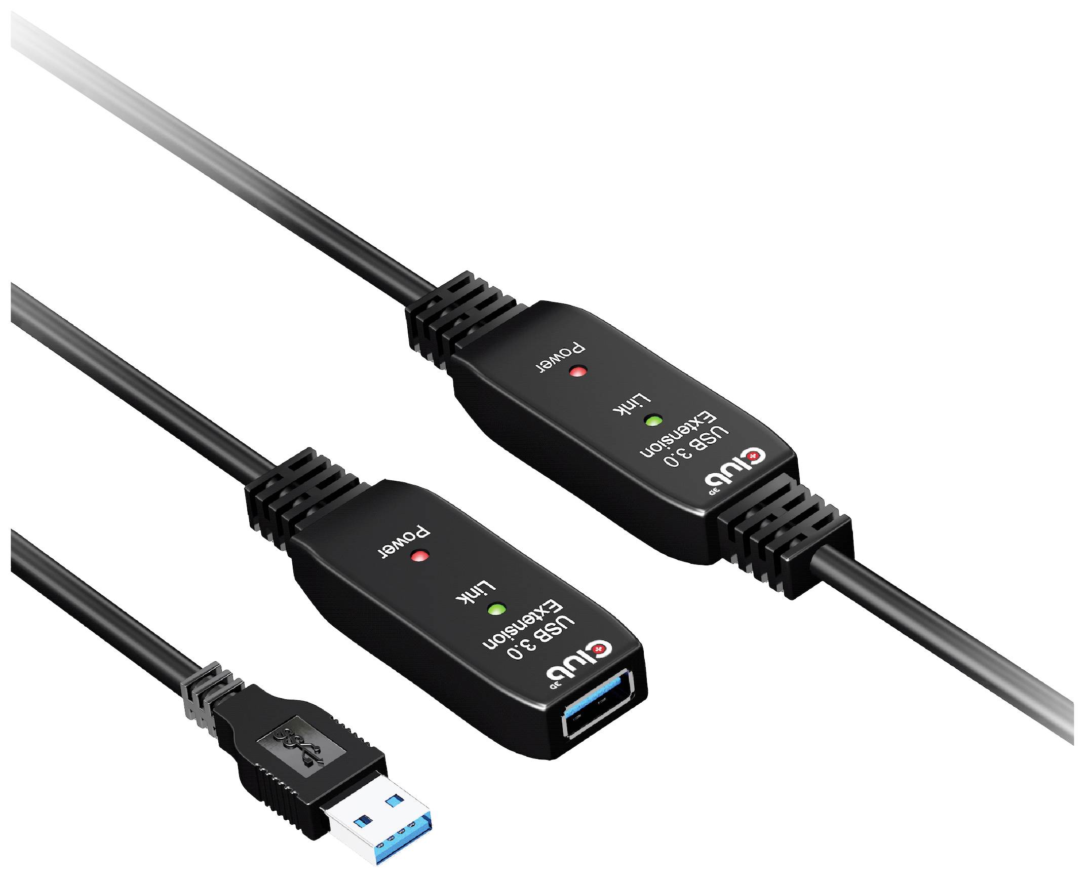 Câble d'extension USB 3.0 de Cables Unlimited présenté. Montre deux répéteurs de signal le long du câble pour l'amplification du signal.