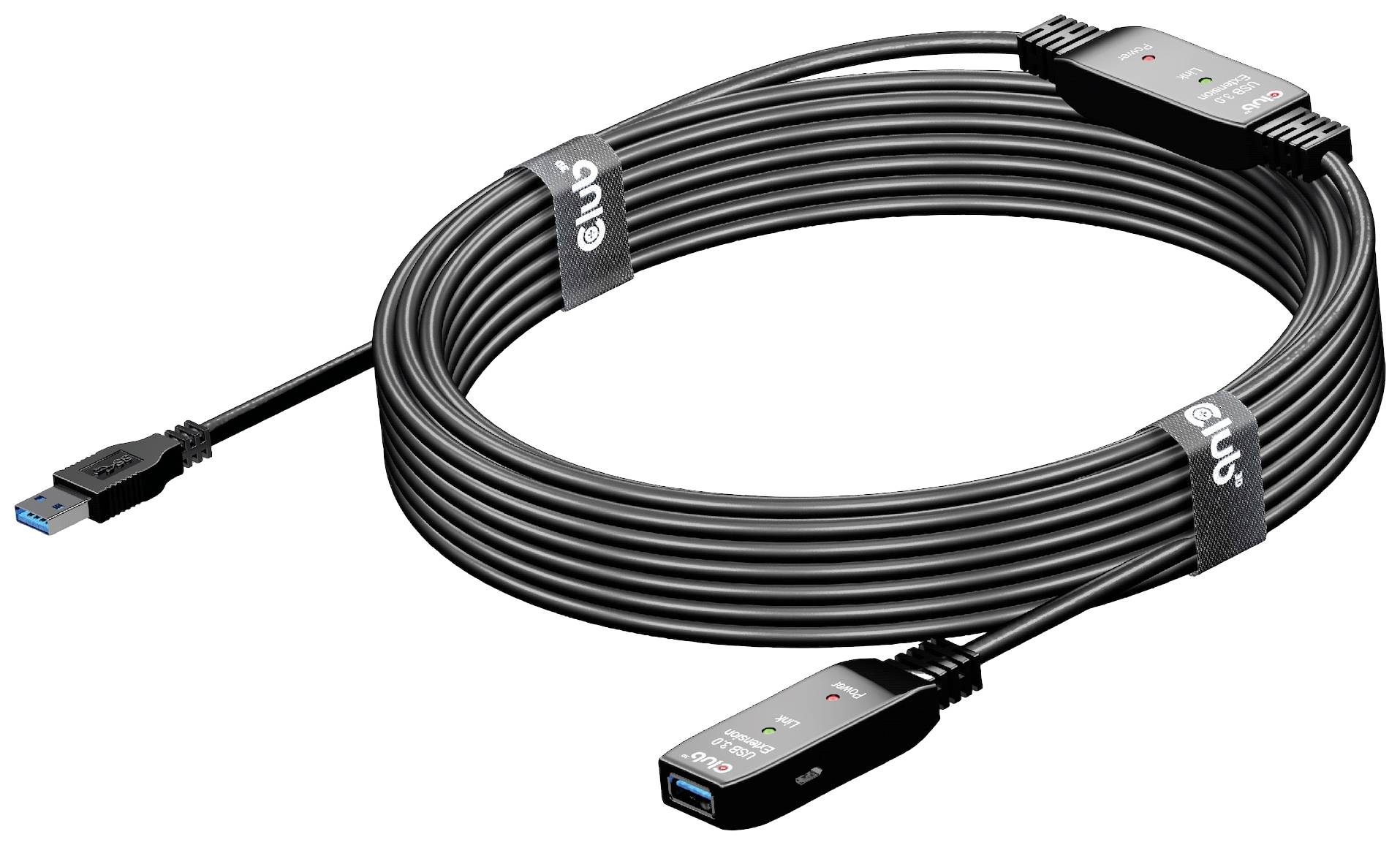 Un long câble USB enroulé avec une connexion bleue à une extrémité. Marqué du logo de la marque à plusieurs endroits.