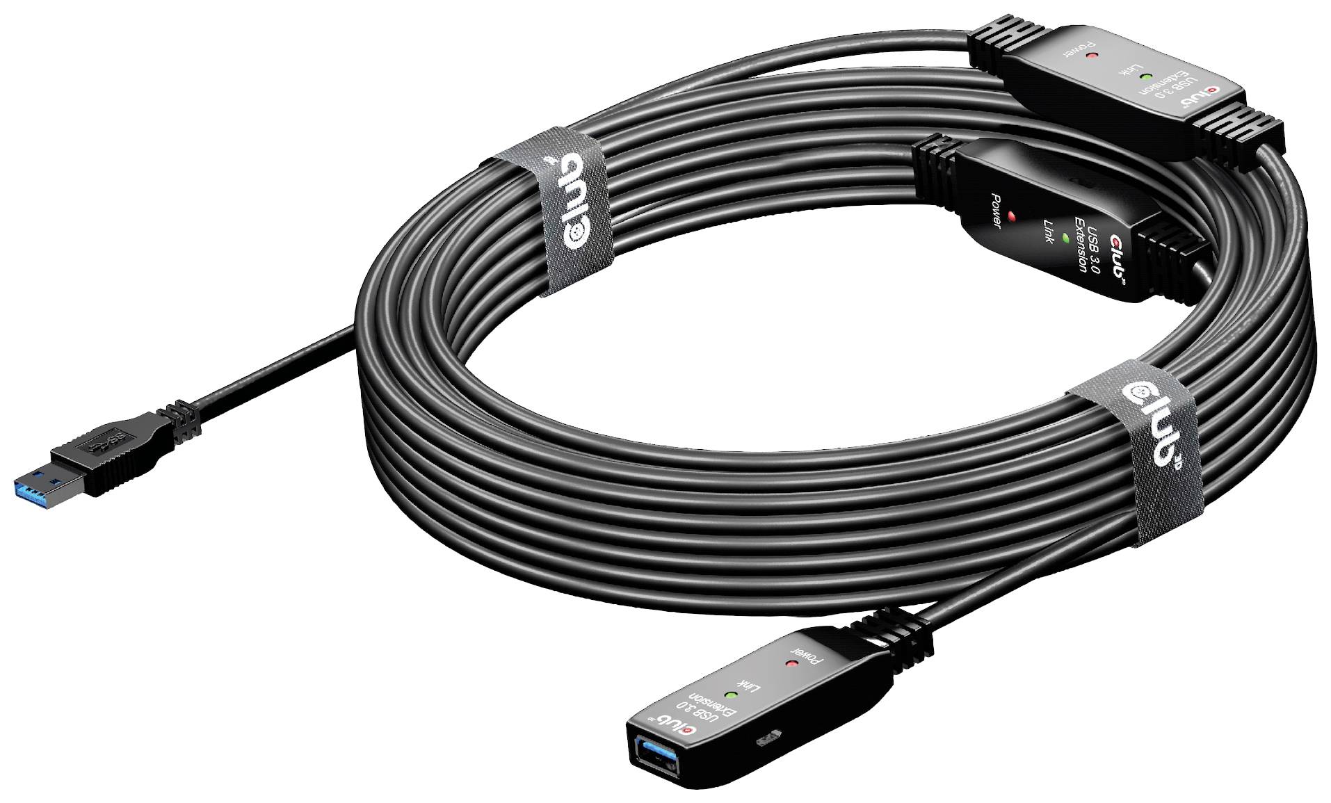 Câble d'extension USB multiports, enroulé et doté de bandes autoagrippantes portant les logos de 'Club 3D'.