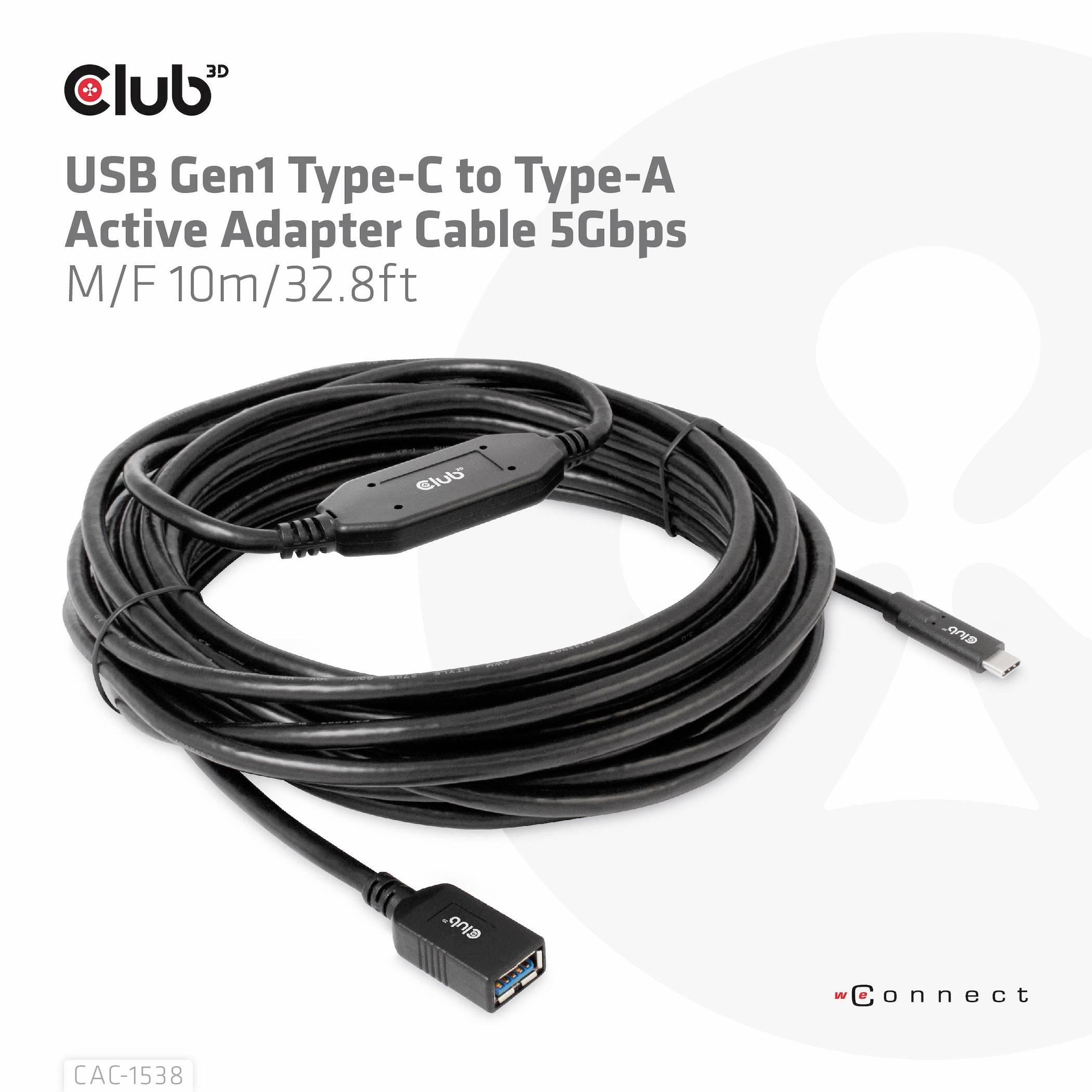 Câble adaptateur actif USB Gen1 Type-C vers Type-A 5 Gbps, M/F, 10 m/32,8 pi, sur fond blanc avec logo de marque.