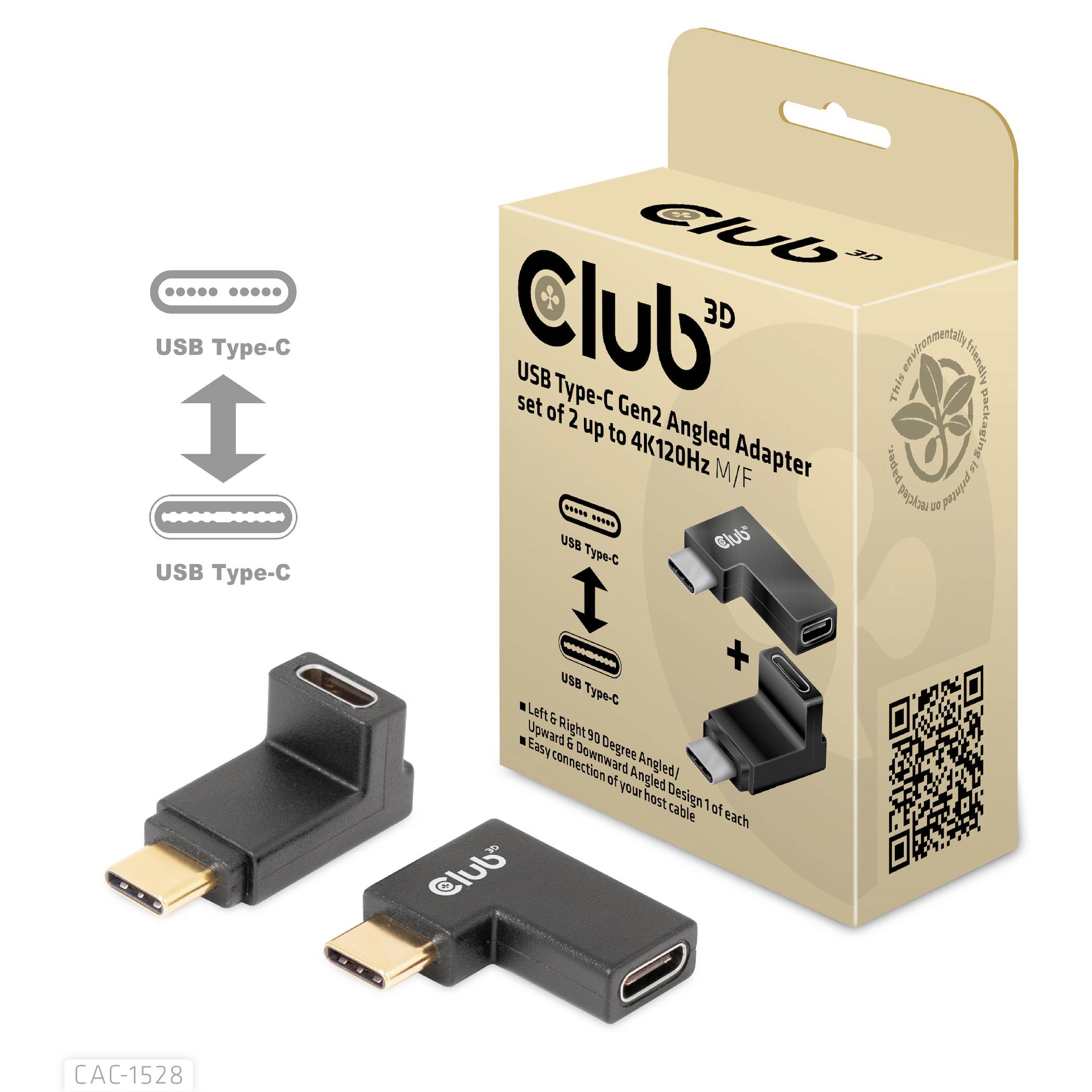 'Adaptateur Club 3D USB Type-C Gen2 coudé, lot de 2, noir. Design en forme de U, optimisé pour 4K120Hz. Compatible avec les appareils USB Type-C.'