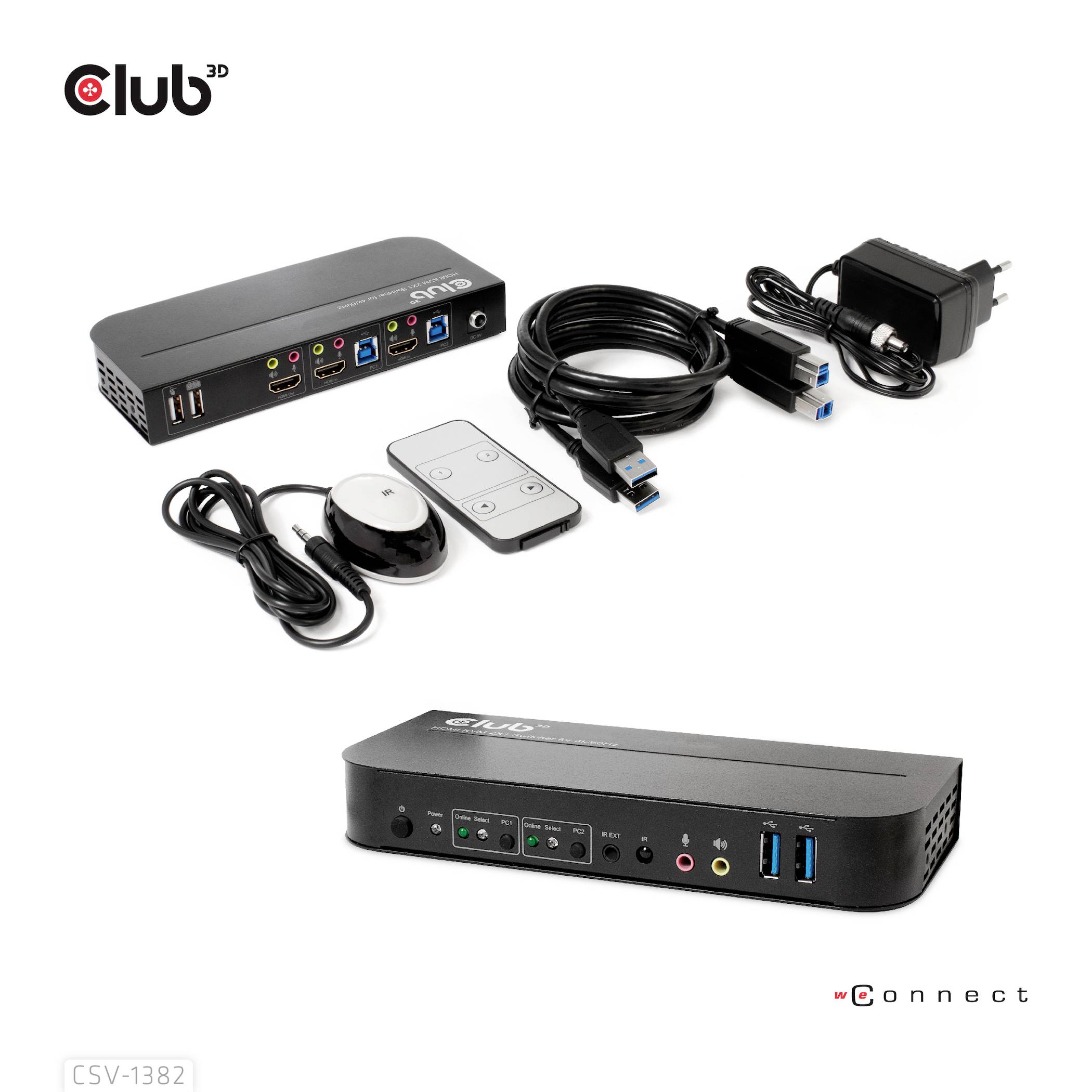 'Connexions et télécommandes pour station d'accueil Club 3D. Comprend des ports USB et HDMI, bloc d'alimentation et câbles pour des connexions polyvalentes.'