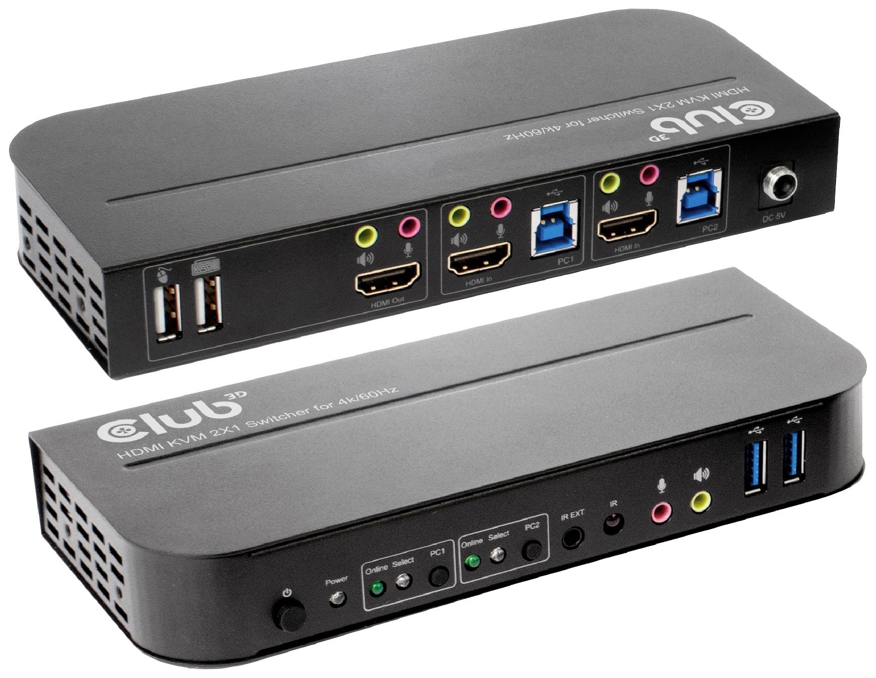 Deux dispositifs de commutation KVM noirs avec des ports pour les câbles USB, HDMI et audio, présentés sur une surface blanche.