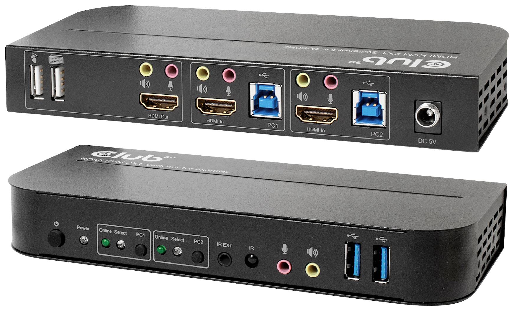 Un commutateur KVM de forme rectangulaire avec plusieurs ports, comprenant des connexions USB, HDMI et des entrées audio. Vue avant et arrière visibles.