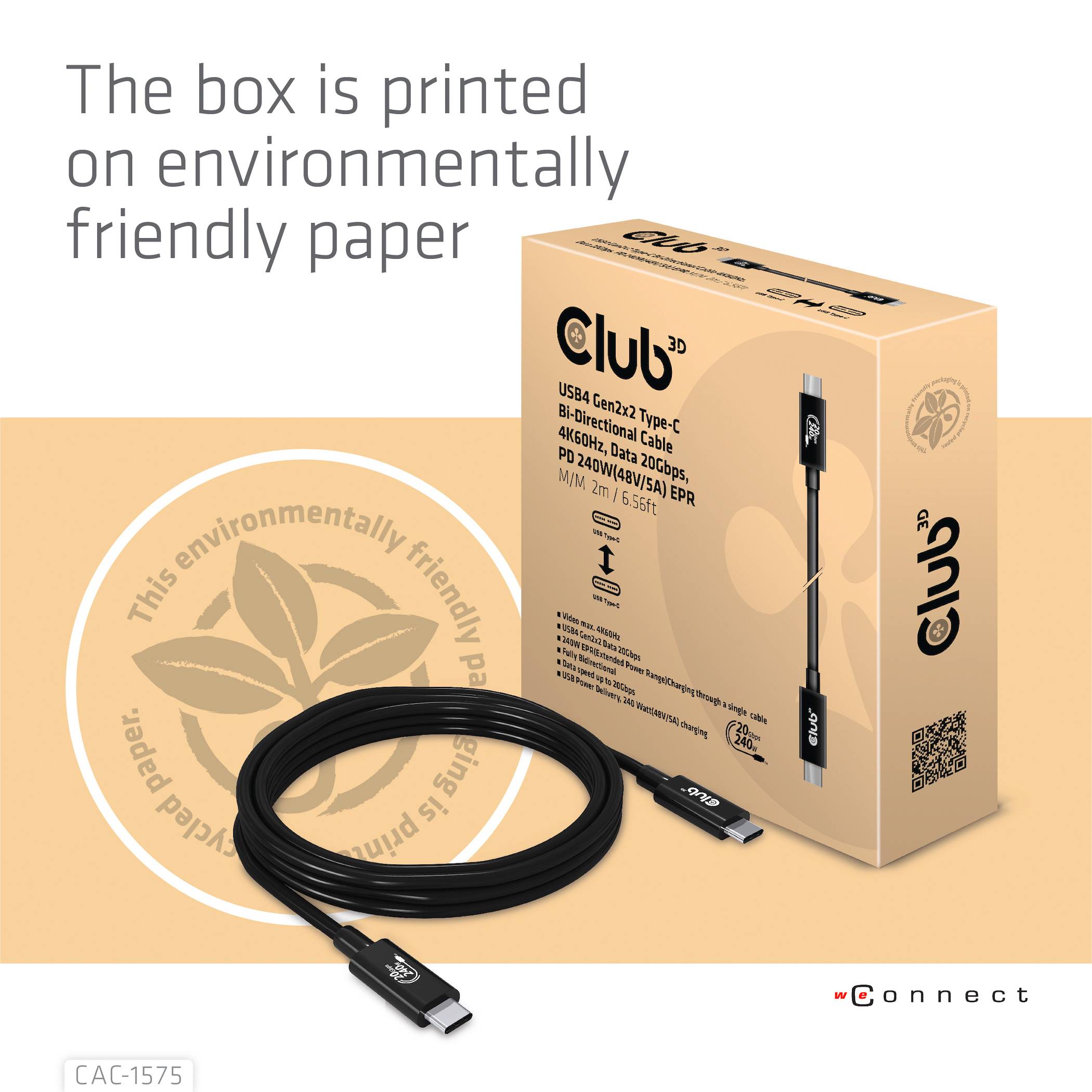 Une boîte rectangulaire présente un câble USB-C sur du papier écologique. Le texte 'The box is printed on environmentally friendly paper'.