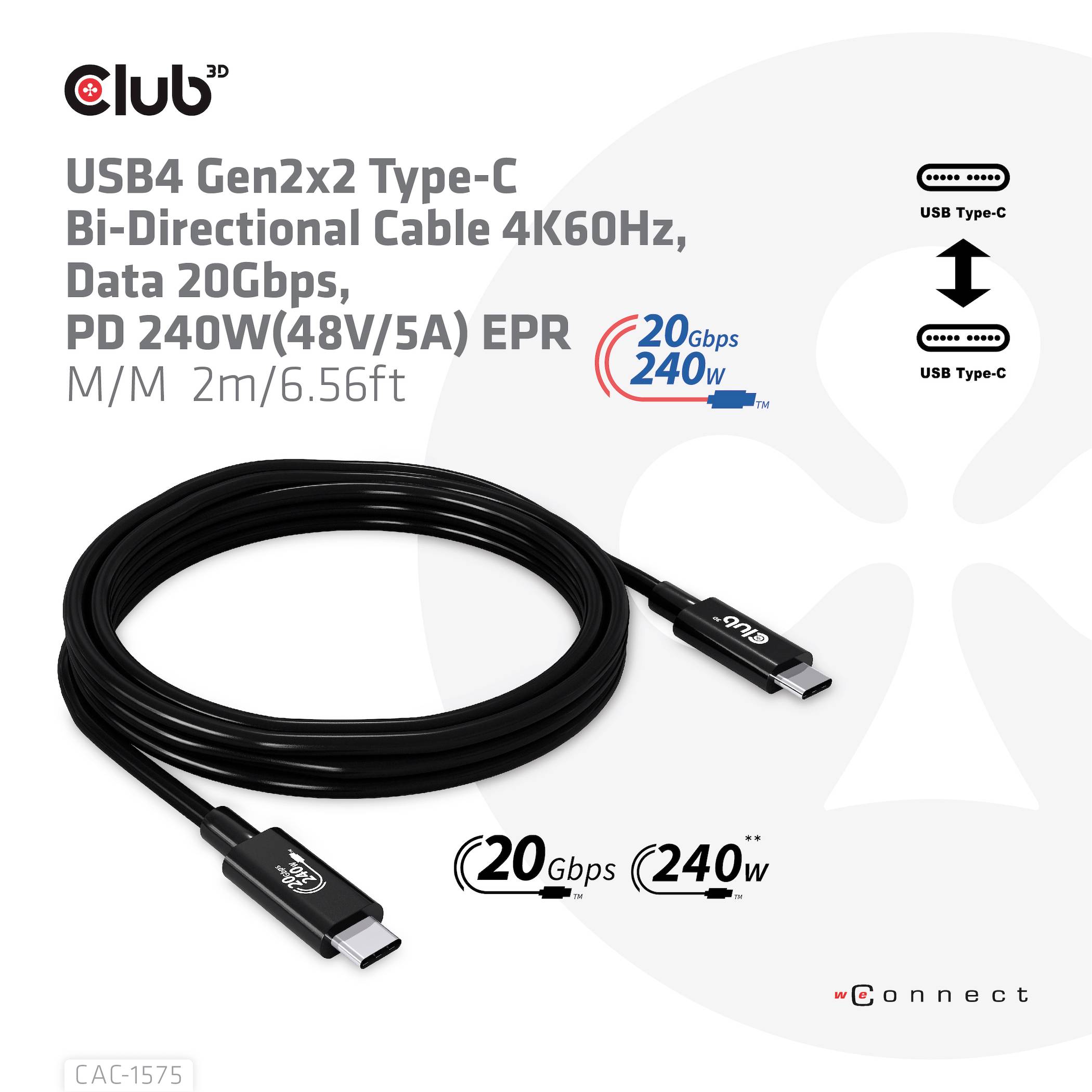 Câble USB4 Gen2x2 Type-C, 4K60Hz, transfert de données 20Gbps, PD 240W, longueur 2m/6,56 pieds. Connecteur USB-C orienté à droite.
