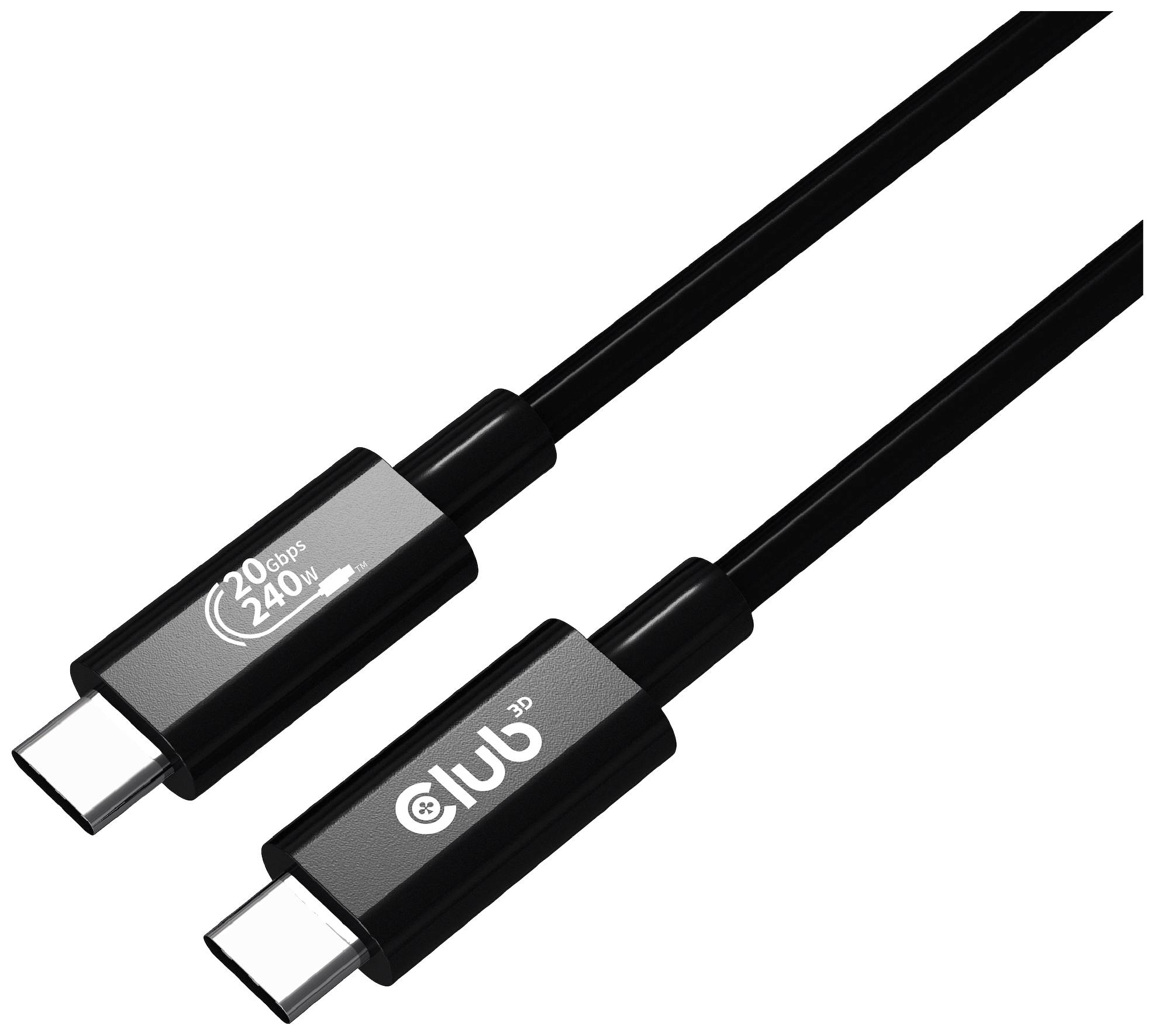 Câble USB-C noir portant l'inscription '240W' et '20Gbps', adapté pour le transfert de données à haute vitesse et une puissance élevée.