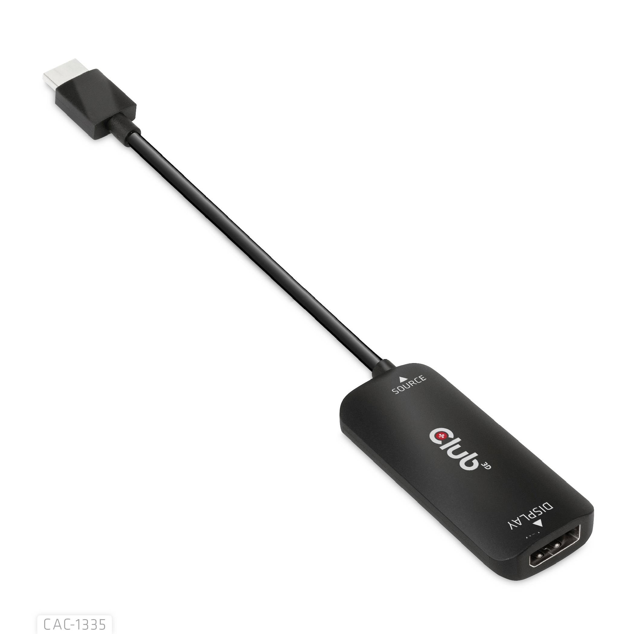 Un adaptateur HDMI noir avec entrée USB-C et sortie HDMI, sur lequel est inscrit 'Club 3D' et 'DisplayPort 1.4'.