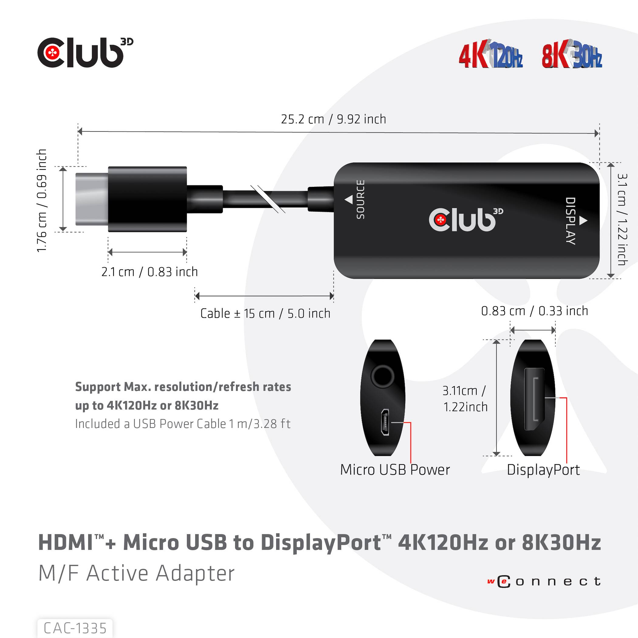 'Adaptateur Micro USB vers DisplayPort avec HDMI, compatible 4K, 120Hz ou 8K, 30Hz. Longueur : 1m. Dimensions : 2,1x0,6 cm.'