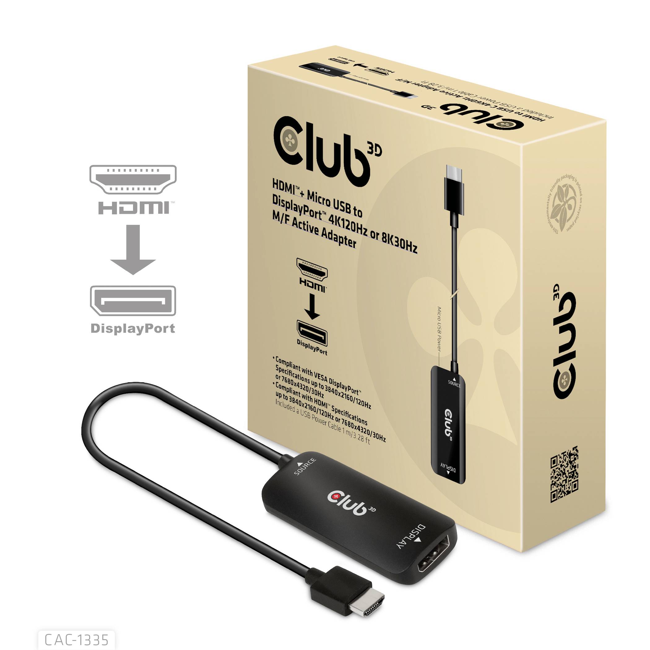Adaptateur Micro USB vers DisplayPort de Club 3D en emballage, montrant la connexion HDMI vers DisplayPort, prenant en charge 120 Hz et 8K30 Hz.