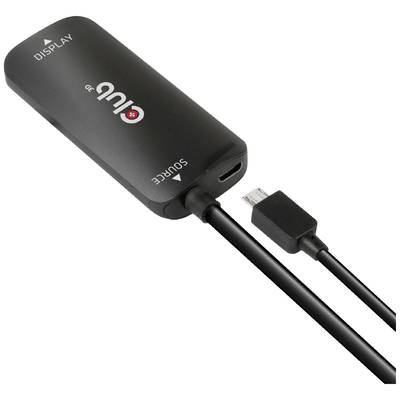 Un adaptateur HDMI noir portant les inscriptions « Display » et « Source », connecté à un câble avec une fiche Micro-USB.