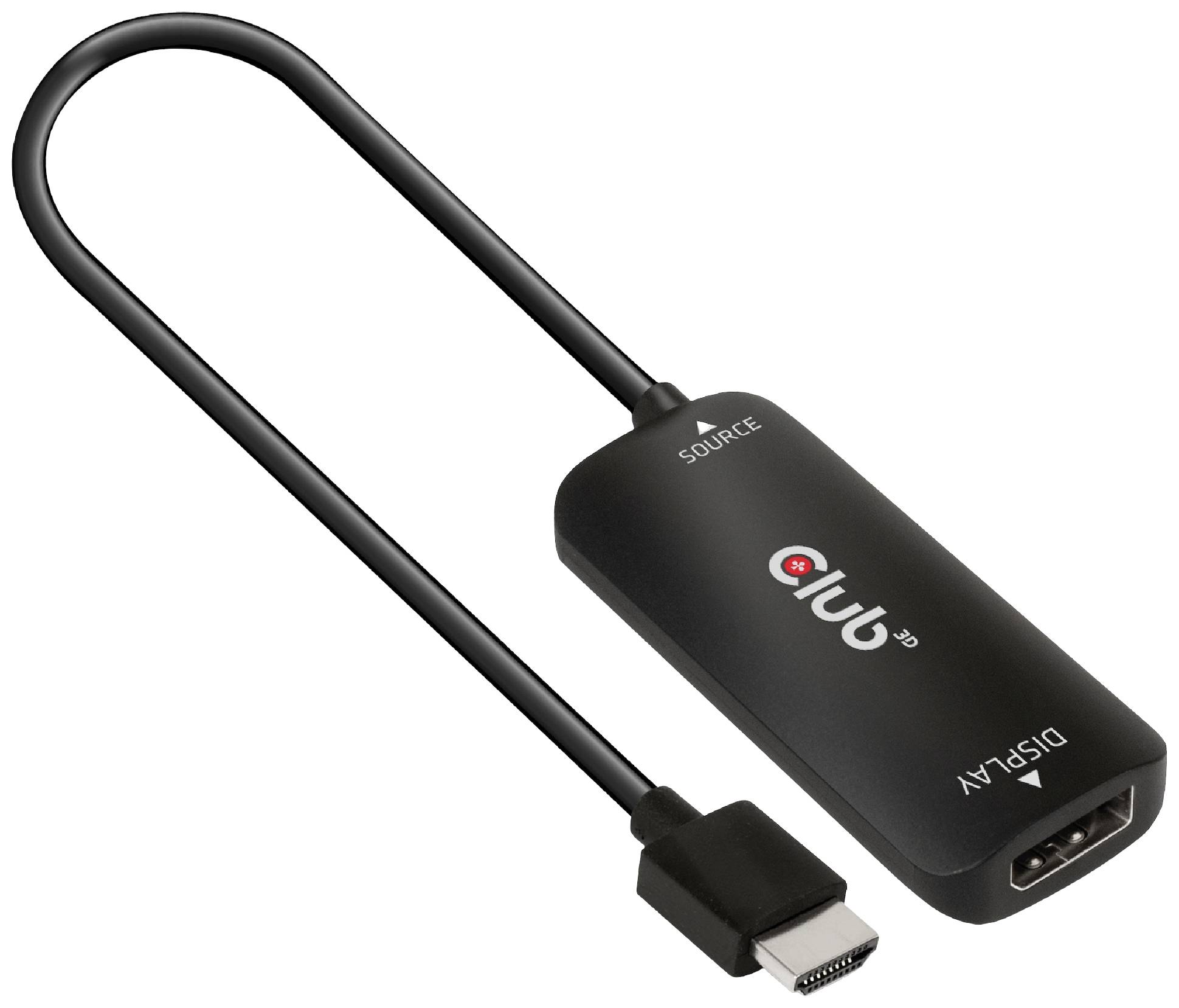Un câble adaptateur noir USB-C vers HDMI avec les inscriptions « SOURCE » et « DISPLAY » sur le boîtier.