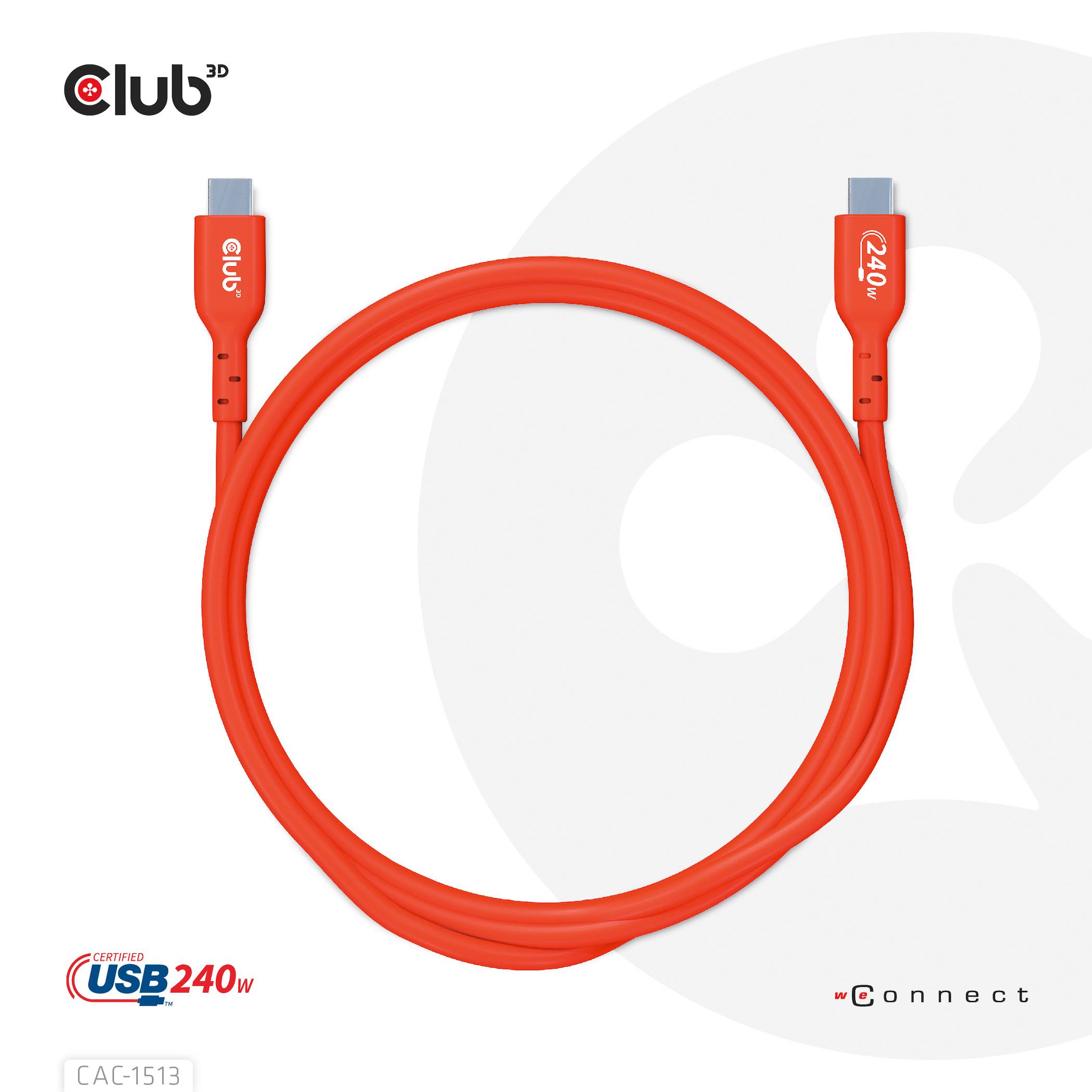 Câble USB rouge illustré, marqué '240 W' à chaque extrémité. Logo du club en haut à gauche ; prend en charge la charge à haute vitesse.