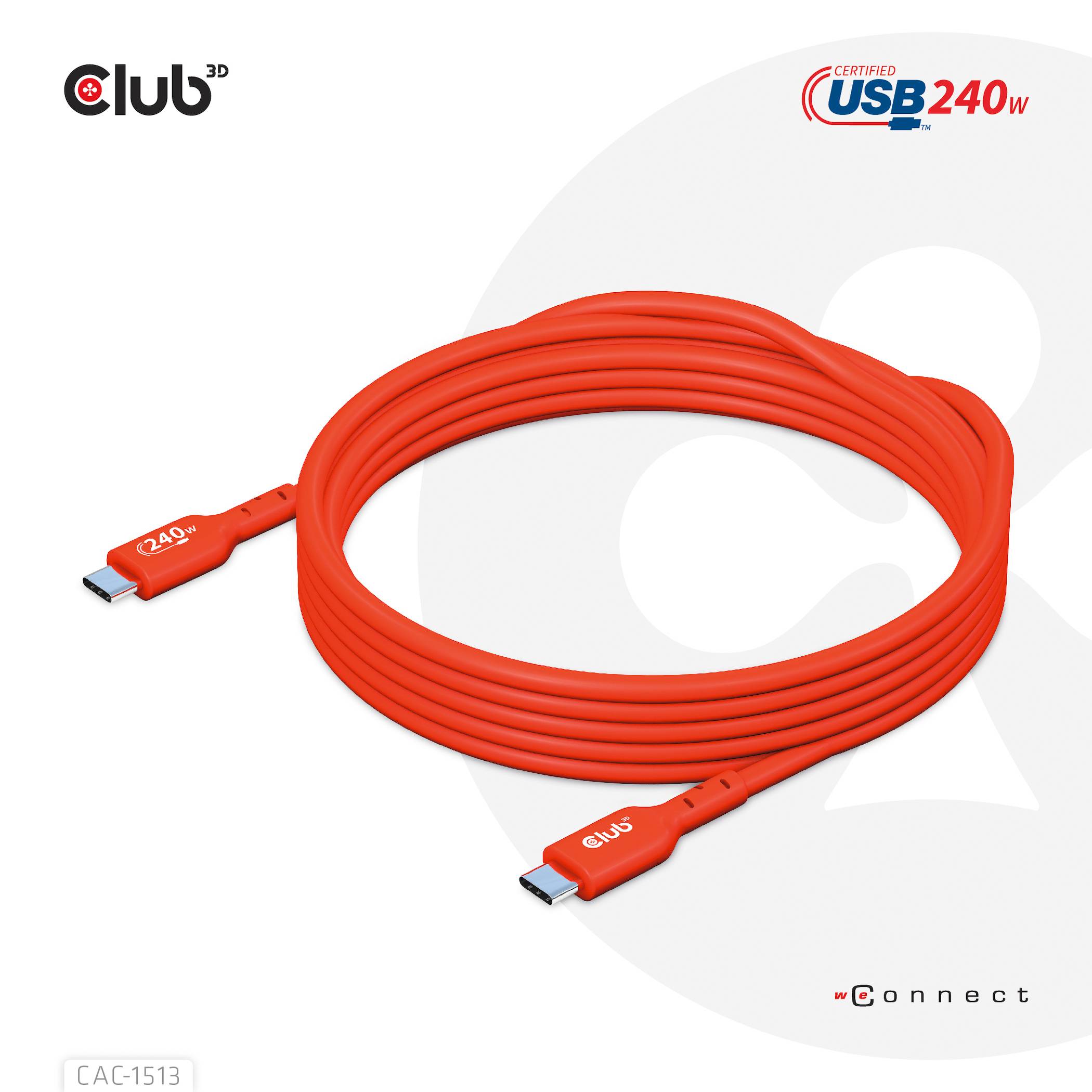 Câble USB-C rouge et long, portant les logos '240W' et 'USB Certified 240W', adapté pour la charge à haute puissance, sur fond blanc.