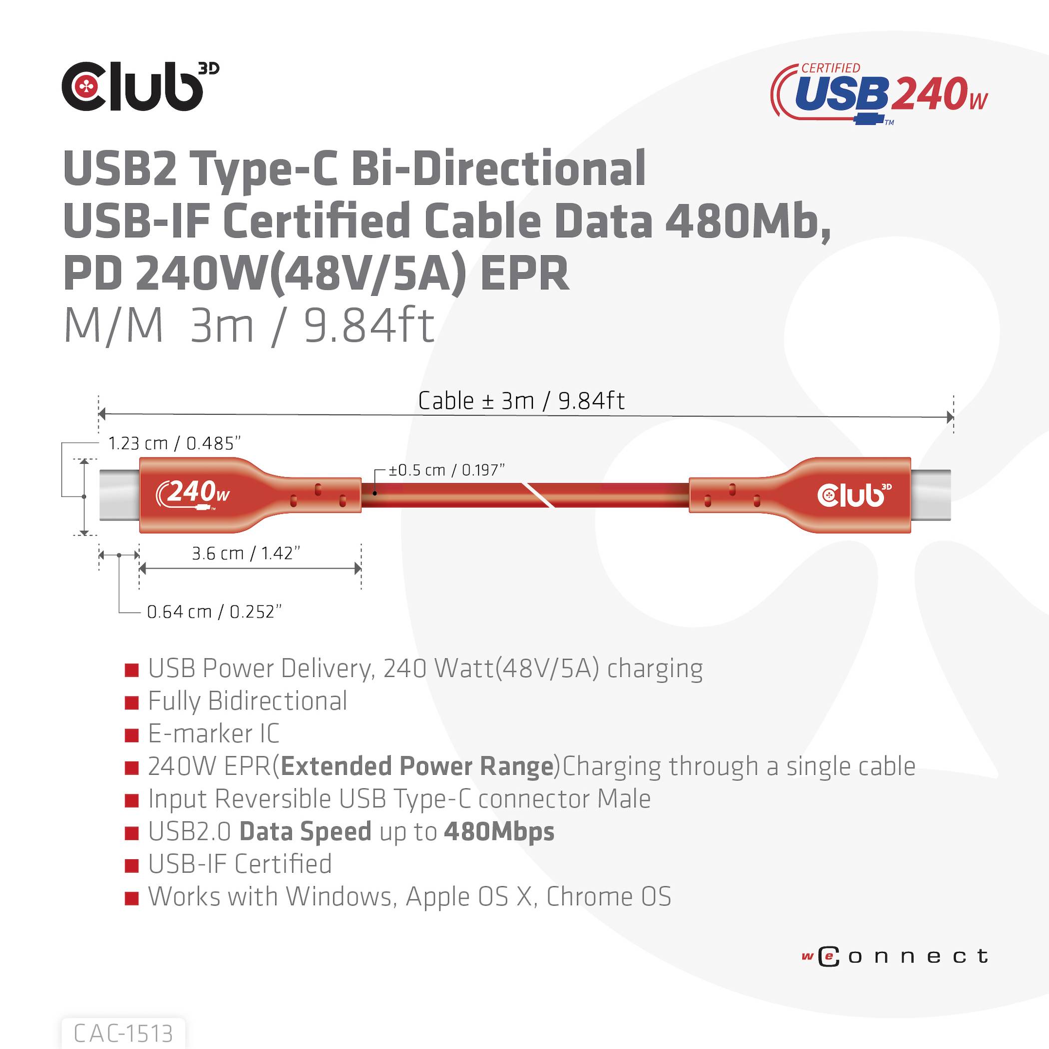 'Câble USB-C, 3 m, USB2 Type-C, transfert de données 480 Mb, charge 240 W, EPR. Marqueur E pour des performances améliorées, certifié USB-IF.'