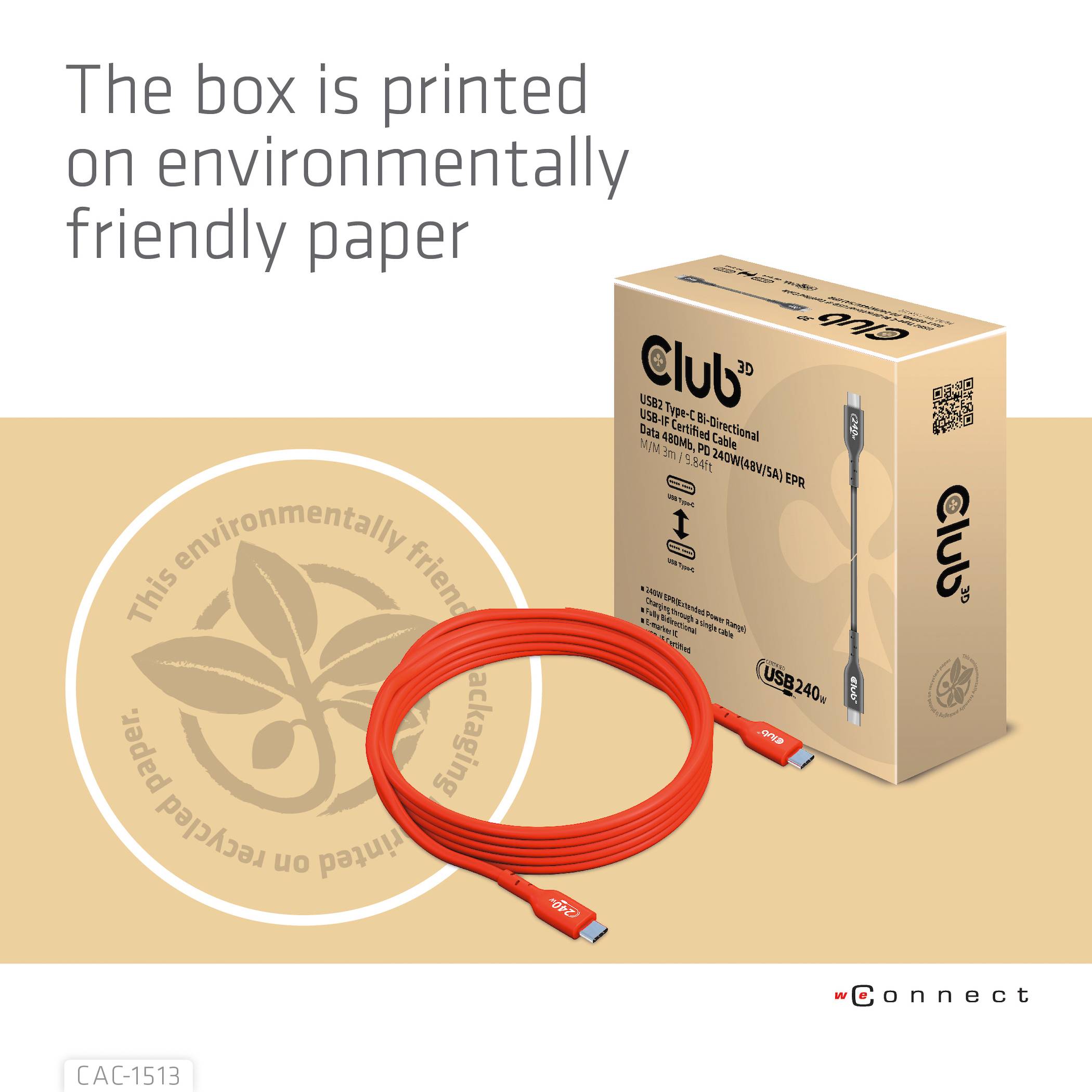 Un emballage contenant un câble USB-C est posé devant un arrière-plan. Sur la boîte, on peut lire « Club3D USB4 240W EPR Câble ». Papier écologique.