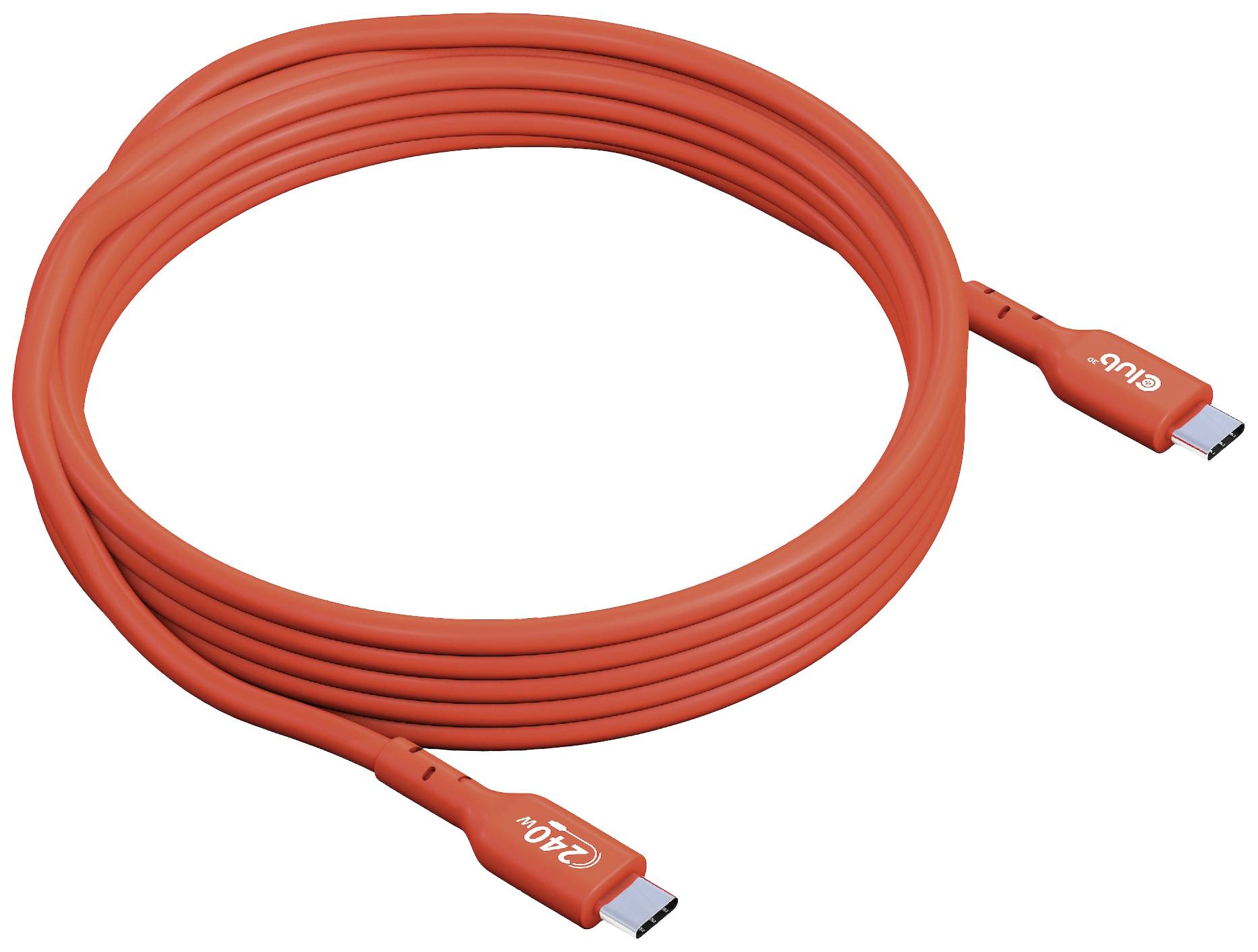 Un câble USB-C rouge portant l'inscription « 240W » sur ses connecteurs, soigneusement enroulé.
