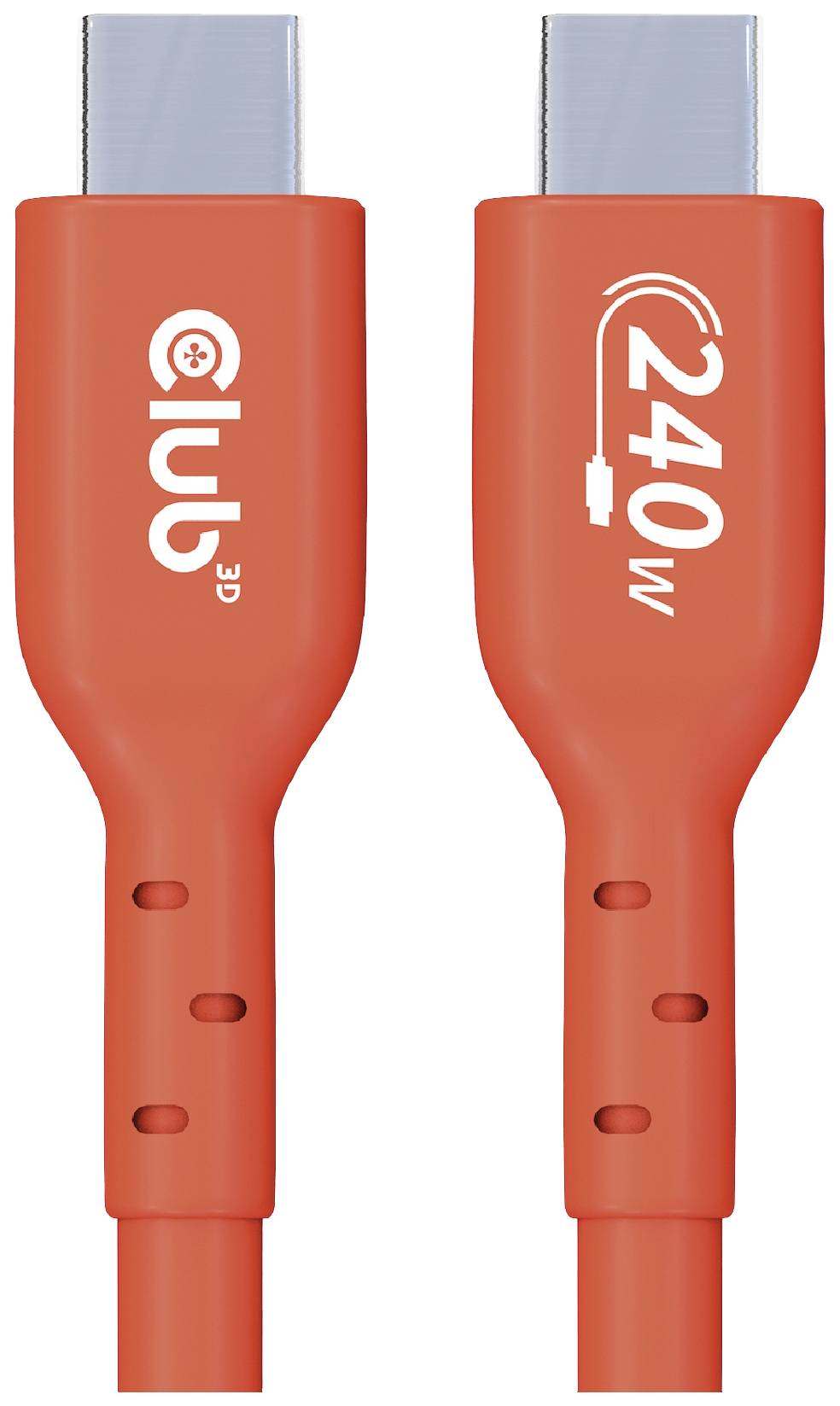 Deux câbles USB-C rouges portant l'inscription 'Club 240W', suggérant des performances élevées.