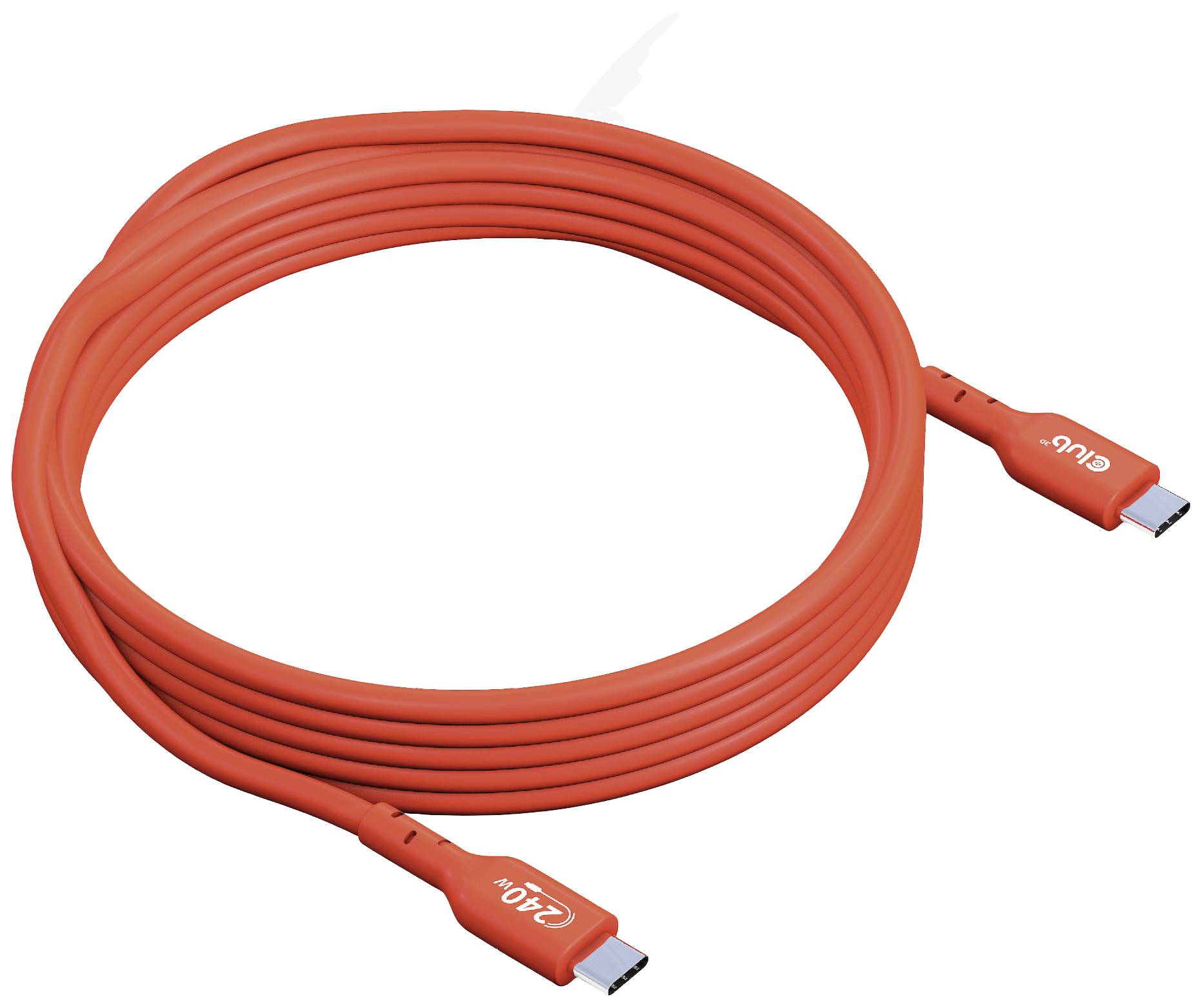 Un câble USB-C rouge, enroulé. Ses extrémités sont dotées de connecteurs USB-C adaptés pour se brancher à des appareils compatibles.