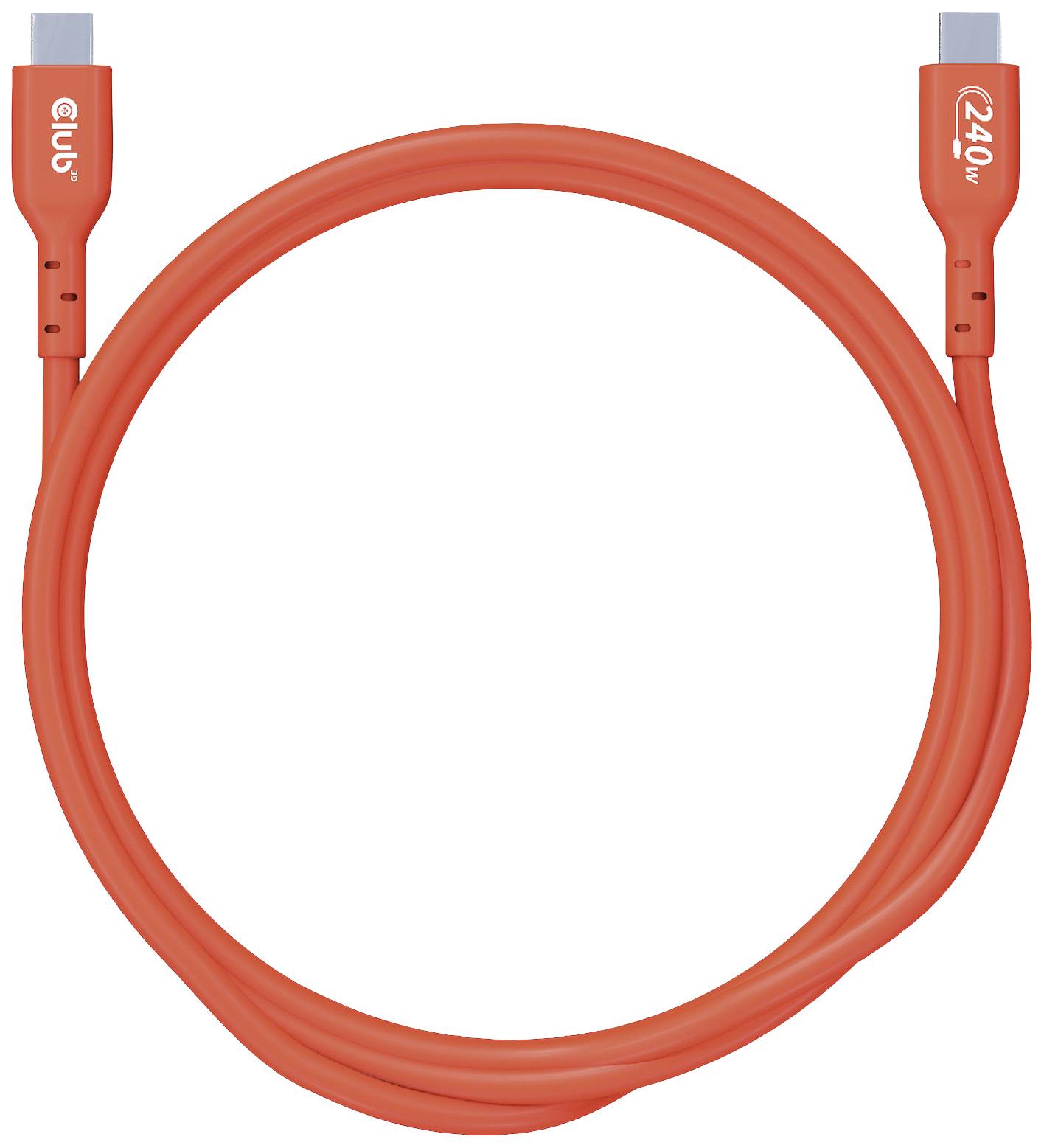 Un câble USB rouge portant l'inscription « 240W ».