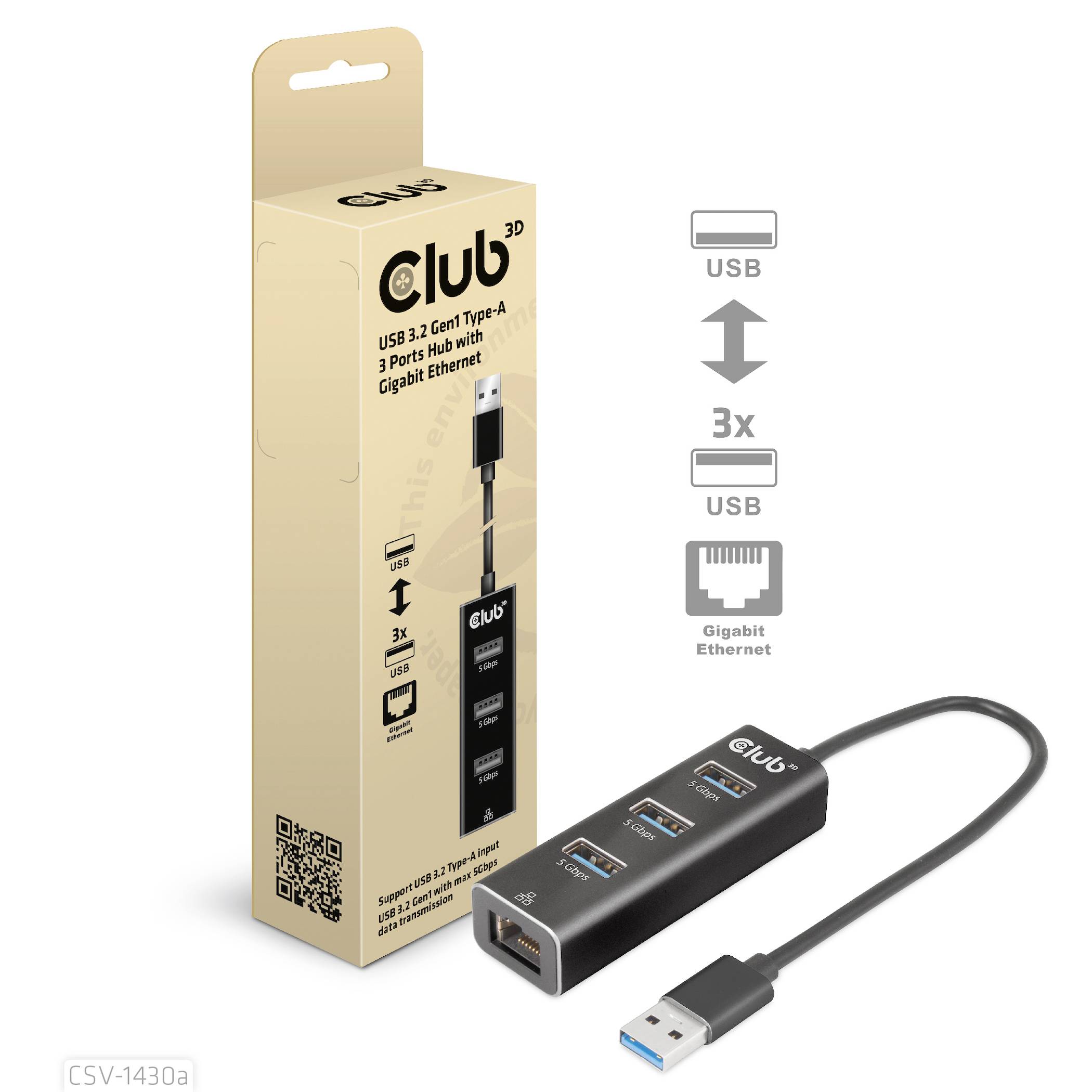 Hub USB 3.2 Gen1 à 3 ports avec port Ethernet Gigabit et connecteur USB-C. L'illustration montre le produit et son emballage.