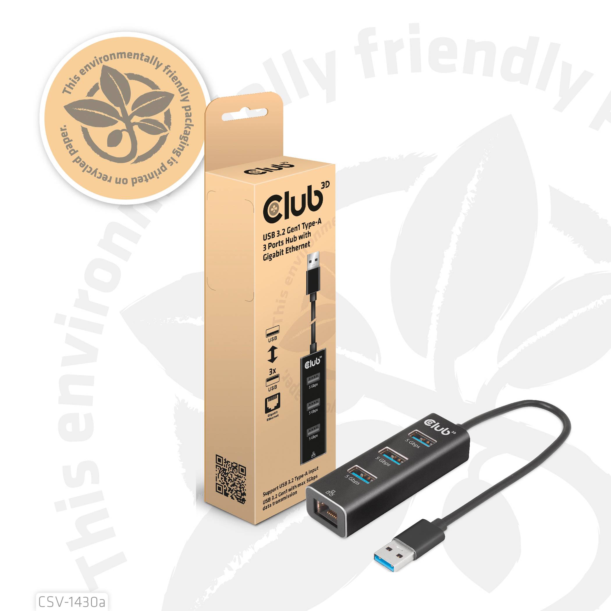 Emballage d'un hub USB 3.2 Gen1 à trois ports avec adaptateur Ethernet Gigabit en noir. Écologique, fabriqué à partir de matériaux recyclés.