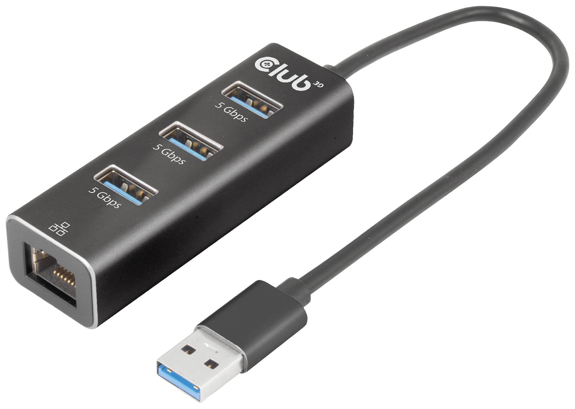 Hub USB 3.0 avec quatre ports, trois ports USB et un port Ethernet. Tous les ports USB prennent en charge un transfert de données de 5 Gbps.
