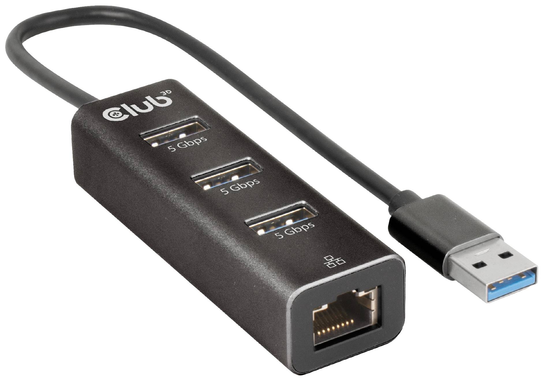 Hub USB avec trois ports USB 3.0 et un port Ethernet. Connecte des périphériques au réseau avec un taux de transfert de données élevé.