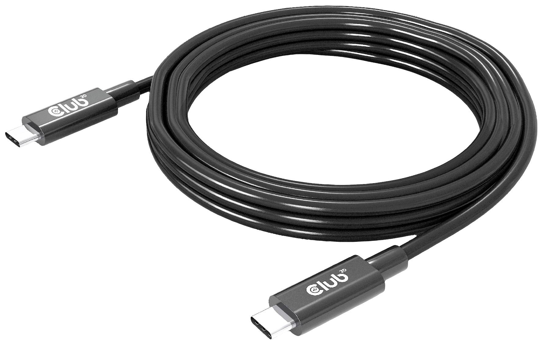 Câble USB-C noir avec deux connecteurs, enroulé. Adapté pour les connexions entre des appareils tels que smartphones, ordinateurs portables ou tablettes.