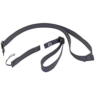 Une sangle de caméra noire, réglable, avec des boucles et une fermeture velcro, posée sur un fond blanc.