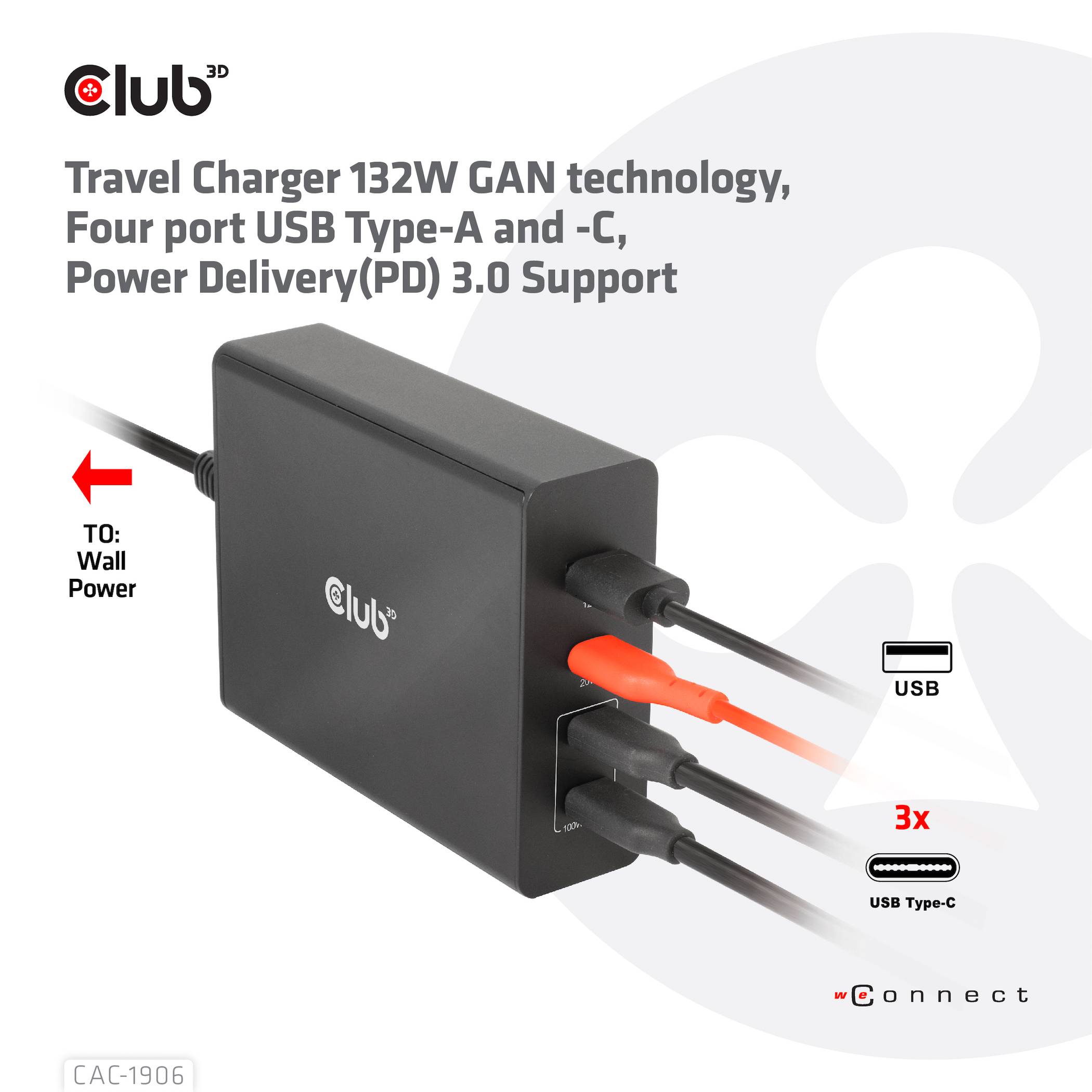 'Chargeur de voyage 132W avec 4 types de ports USB, support Power Delivery 3.0, prise murale, trois sorties USB-C et une sortie USB-A.'