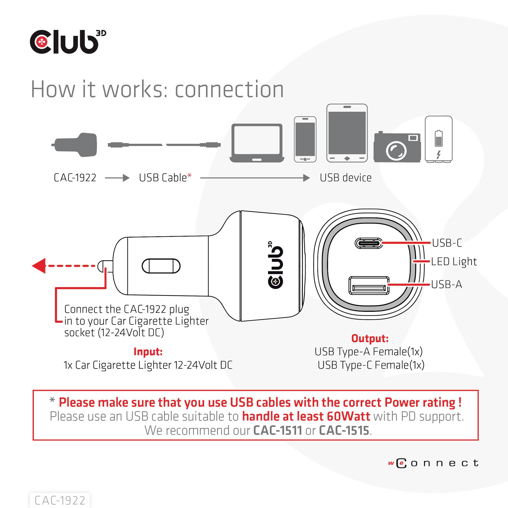 Mode d'emploi du chargeur de voiture Club3D CAC-1922. Présente les connexions USB-A et USB-C ainsi que des instructions importantes d'utilisation.