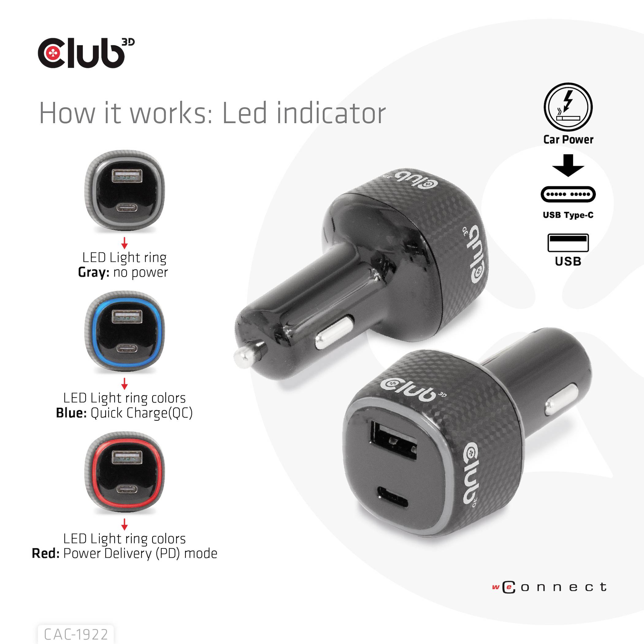 Chargeur de voiture LED avec deux ports USB-A et USB-C. L'anneau LED indique : Blanc pour source d'alimentation normale, Bleu pour charge rapide, Rouge pour mode PD.