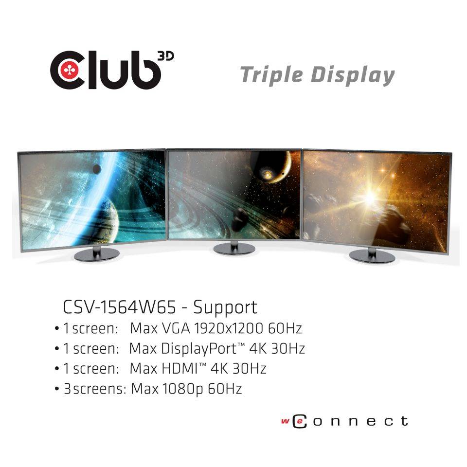 'Trois écrans affichent des motifs spatiaux dans une configuration à triple écran de Club 3D. Prend en charge les connexions VGA, DisplayPort et HDMI.'
