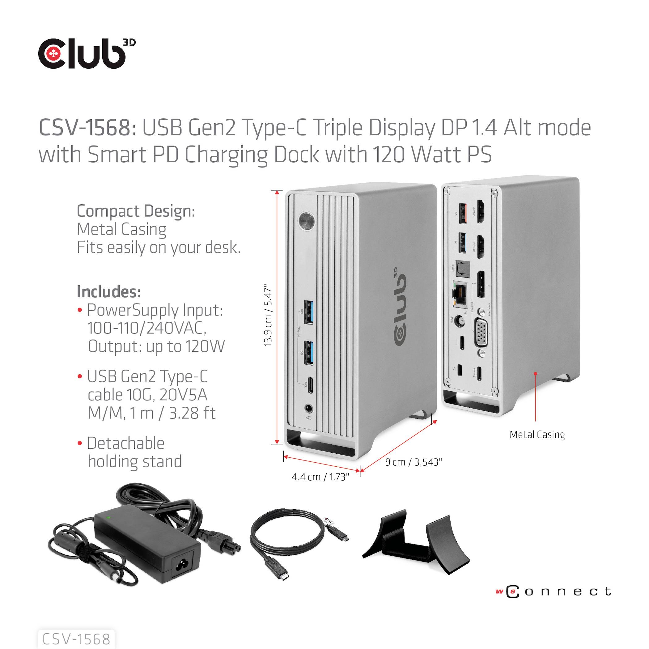 Station d'accueil verticale USB Gen2 à plusieurs ports, boîtier métallique, alimentation électrique de 120W, compatible avec la connexion d'ordinateurs portables.