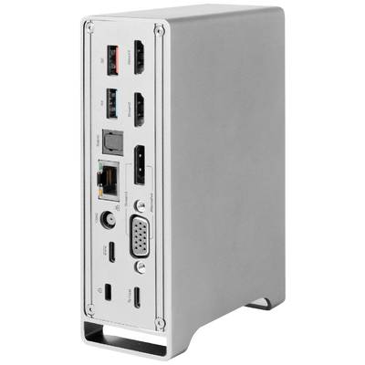 Une station d'accueil grise avec plusieurs ports : HDMI, USB, Thunderbolt, Ethernet et VGA.