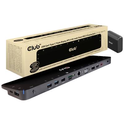 Station d'accueil USB-C multiports, comprenant des ports USB, HDMI, VGA et Ethernet. Emballage et adaptateur secteur illustrés.