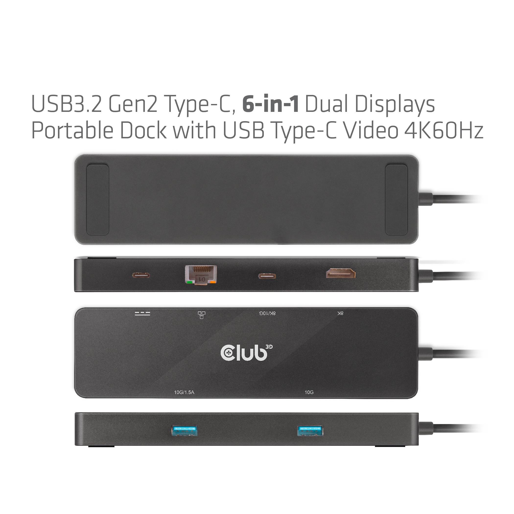 USB3.2 Gen2 Type-C, Station d'accueil portable 6-en-1 à double écran avec vidéo USB Type-C 4K60Hz. Un dock avec plusieurs ports est présenté.