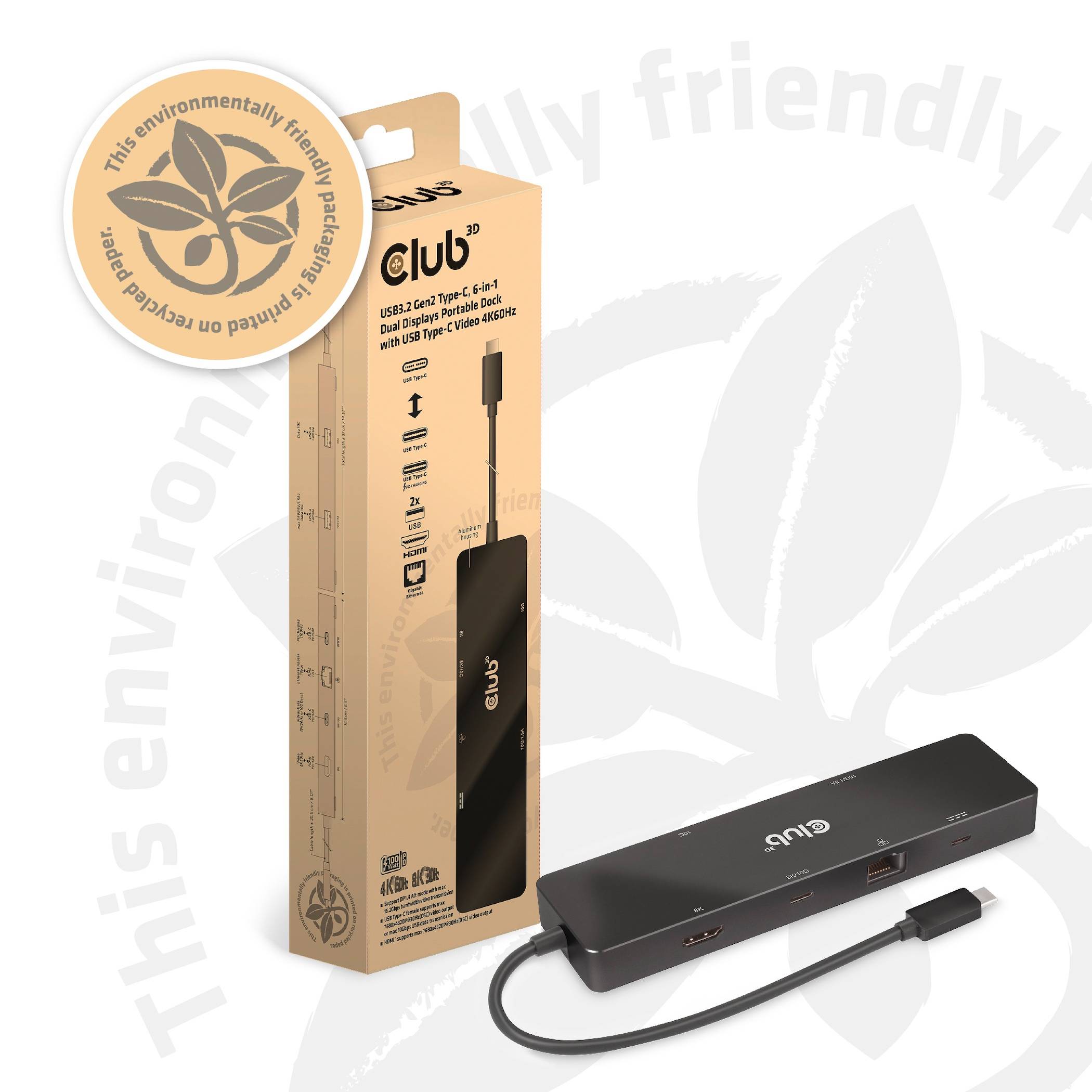 Hub USB-C dans un boîtier noir, emballé dans un carton avec un logo écologique. Comprend plusieurs ports pour différents appareils.