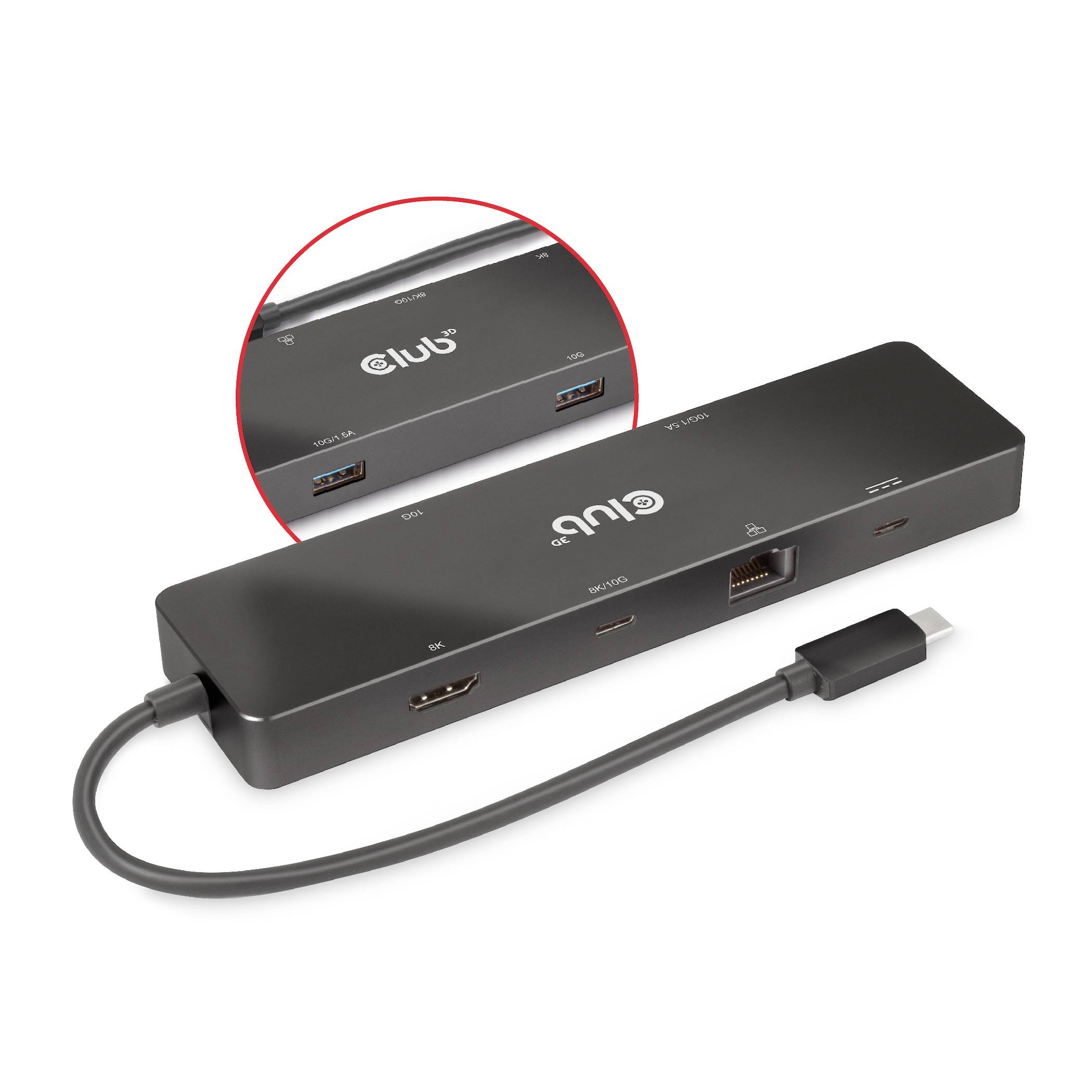 Hub USB-C avec ports Ethernet, HDMI et USB. Gros plan sur le logo 'Club'. Idéal pour les ordinateurs portables avec peu de connexions.