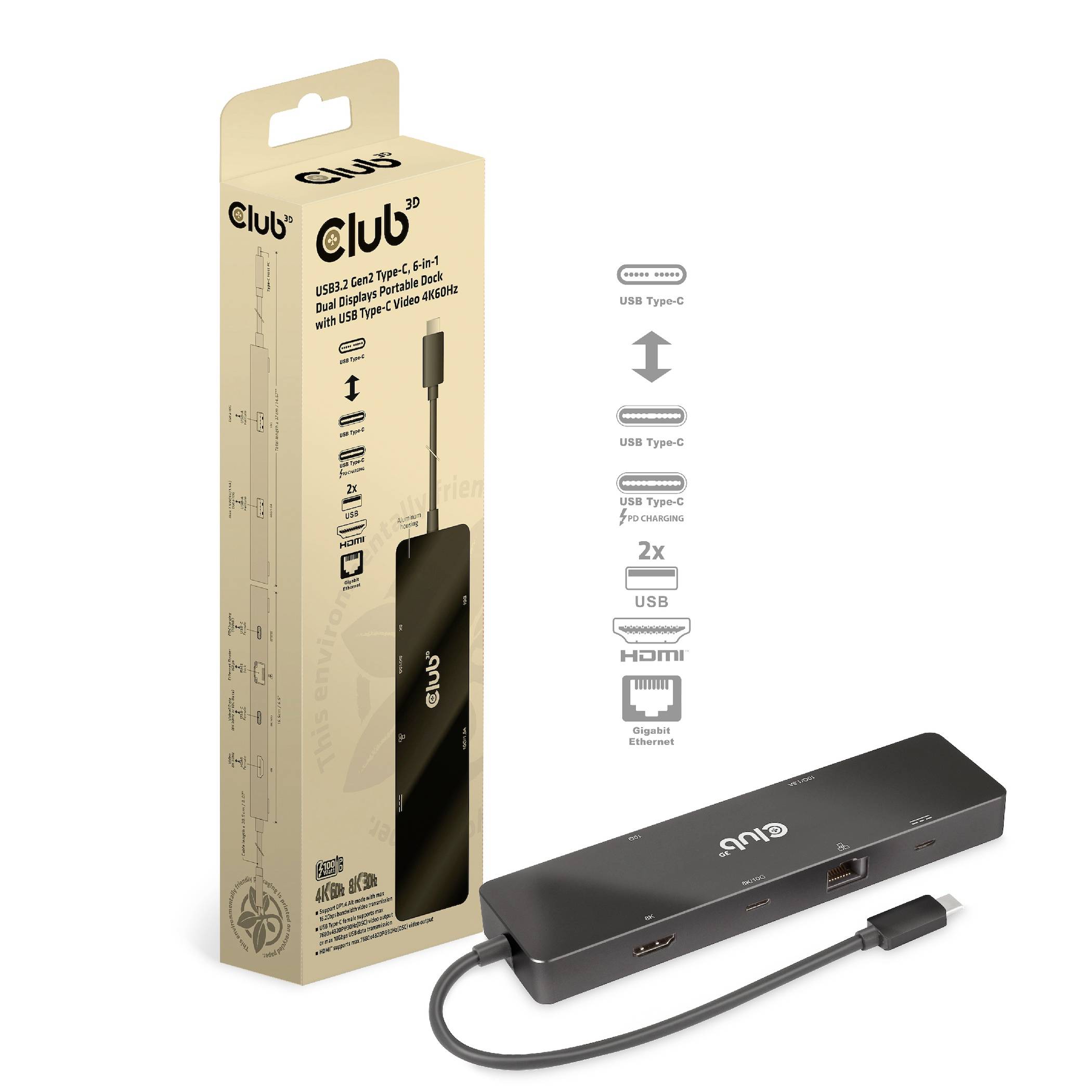 L'image montre un hub USB-C 6-en-1. À côté du hub se trouve son emballage, qui présente des ports tels que HDMI, USB et Ethernet.